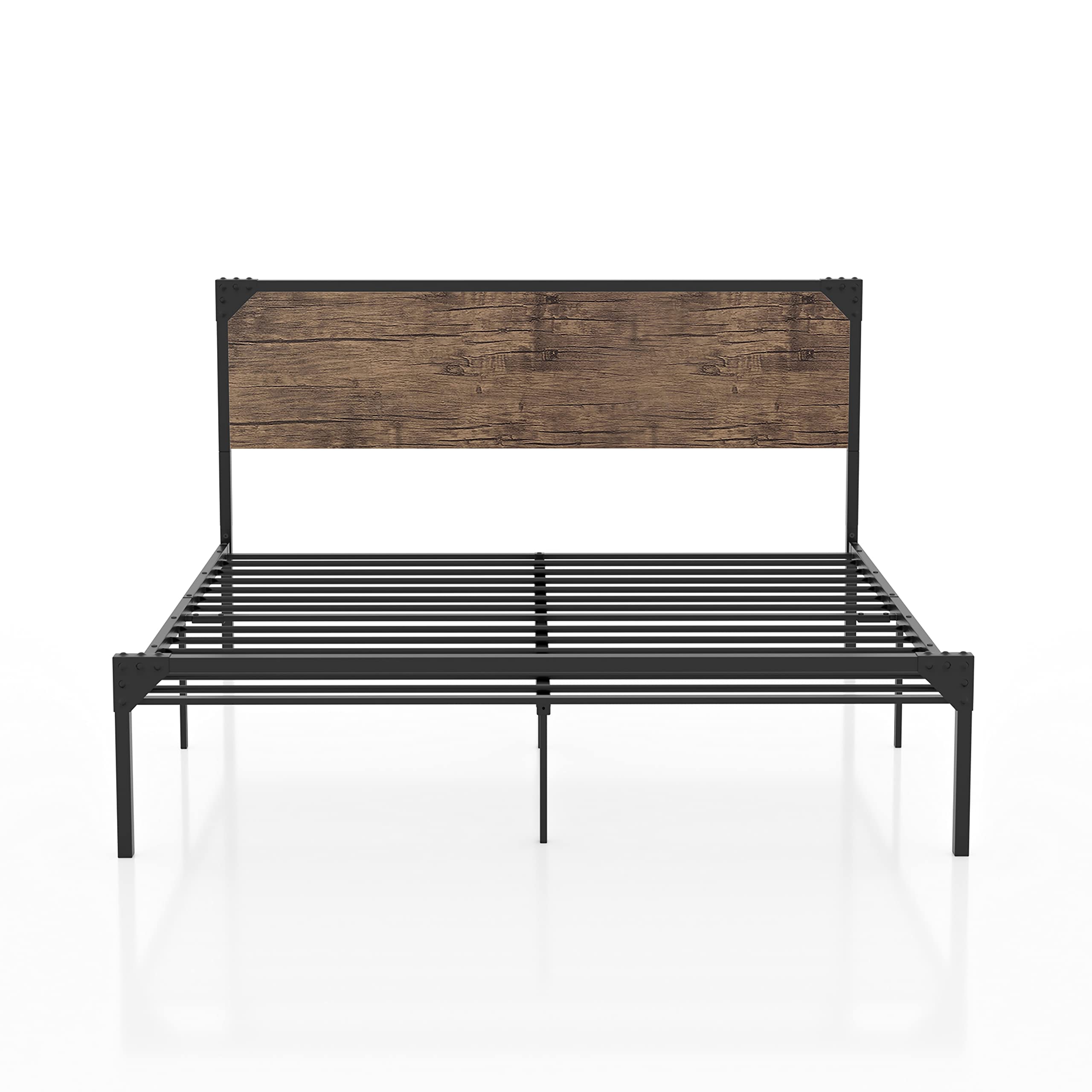 Industrial Metal Platform Queen Size Bed Frame - Modern Brown Bedroom Furniture for Home & Apartment | Sturdy & Stylish Design for Master Bedroom, Guest Room, or Dorm