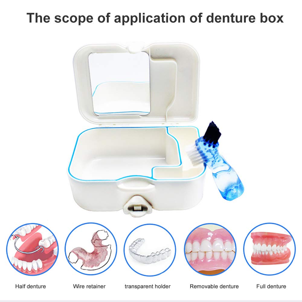 Denture Storage Box with Mirror & Cleaning Brush - Orthodontic Teeth Case, Retainer Cleaning Box for Dentures & Aligners - Perfect for Travel, Home & Daily Dental Care