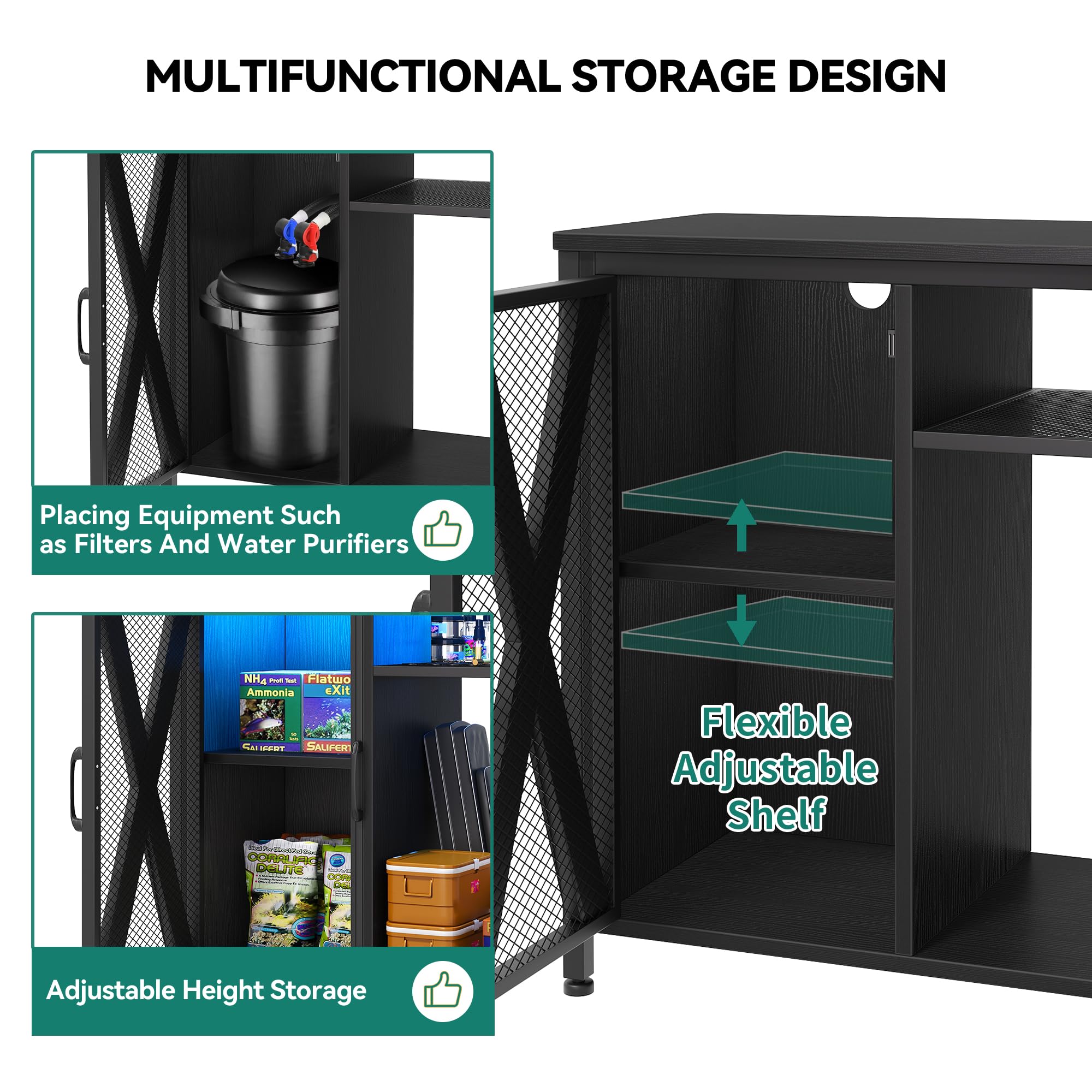 YITAHOME 20-29 Gallon Metal Aquarium Stand with Power Outlets & LED Light - Heavy Duty Fish Tank Stand with Storage Cabinet for Turtle Tanks, Reptile Terrariums - 350LBS Capacity, Black - Perfect for Home, Office & Pet Store Displays