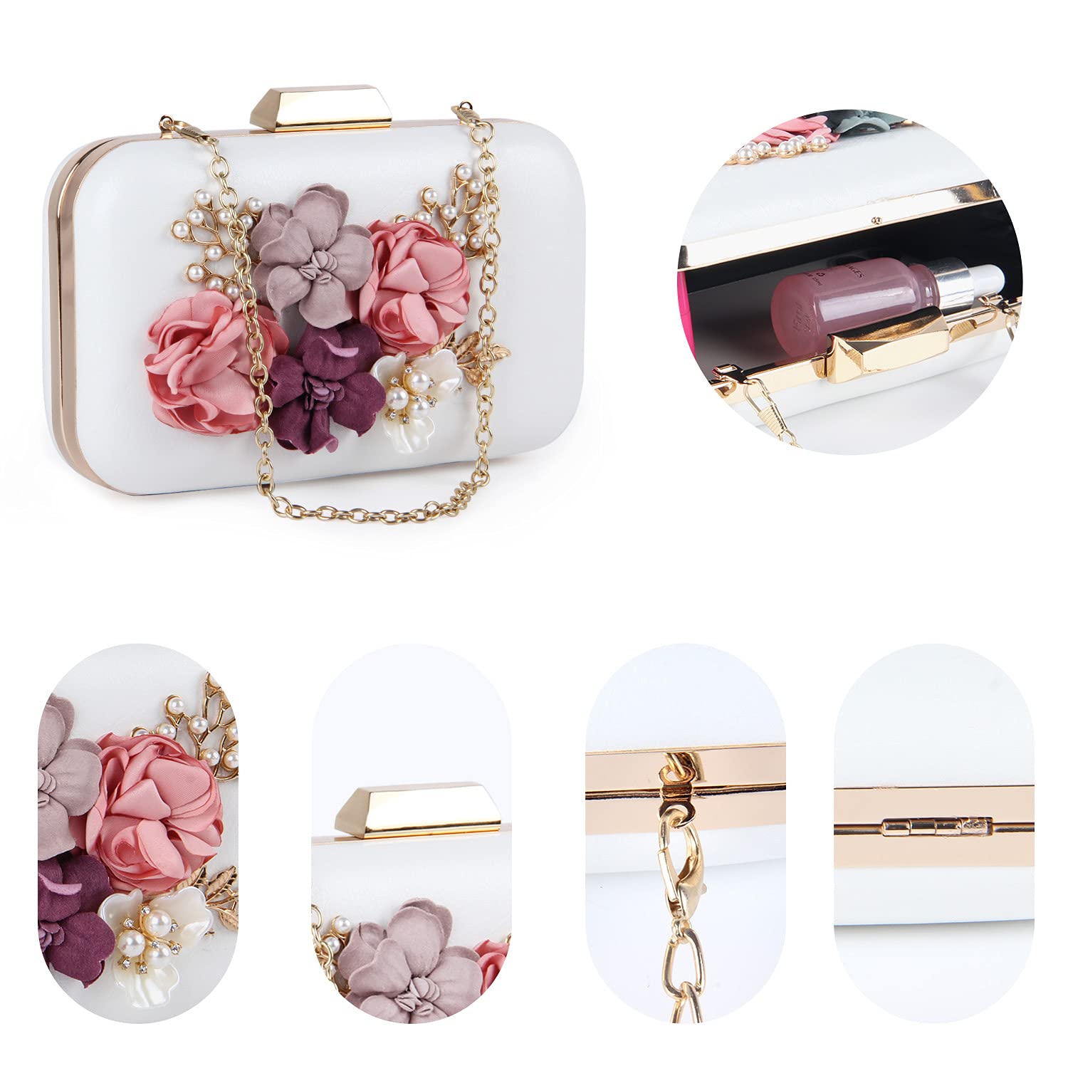 Stylish Women's Floral Clutch Bag - Elegant Evening Handbag with Wallet Compartment, White - Perfect for Parties, Weddings & Formal Events