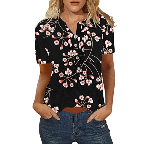 Women's Casual Floral Print Button-Up Short Sleeve T-Shirt Blouse - Comfortable O-Neck Top for Everyday Wear (Black, Small) | Perfect for Summer Outfits, Office Casual & Weekend Brunch