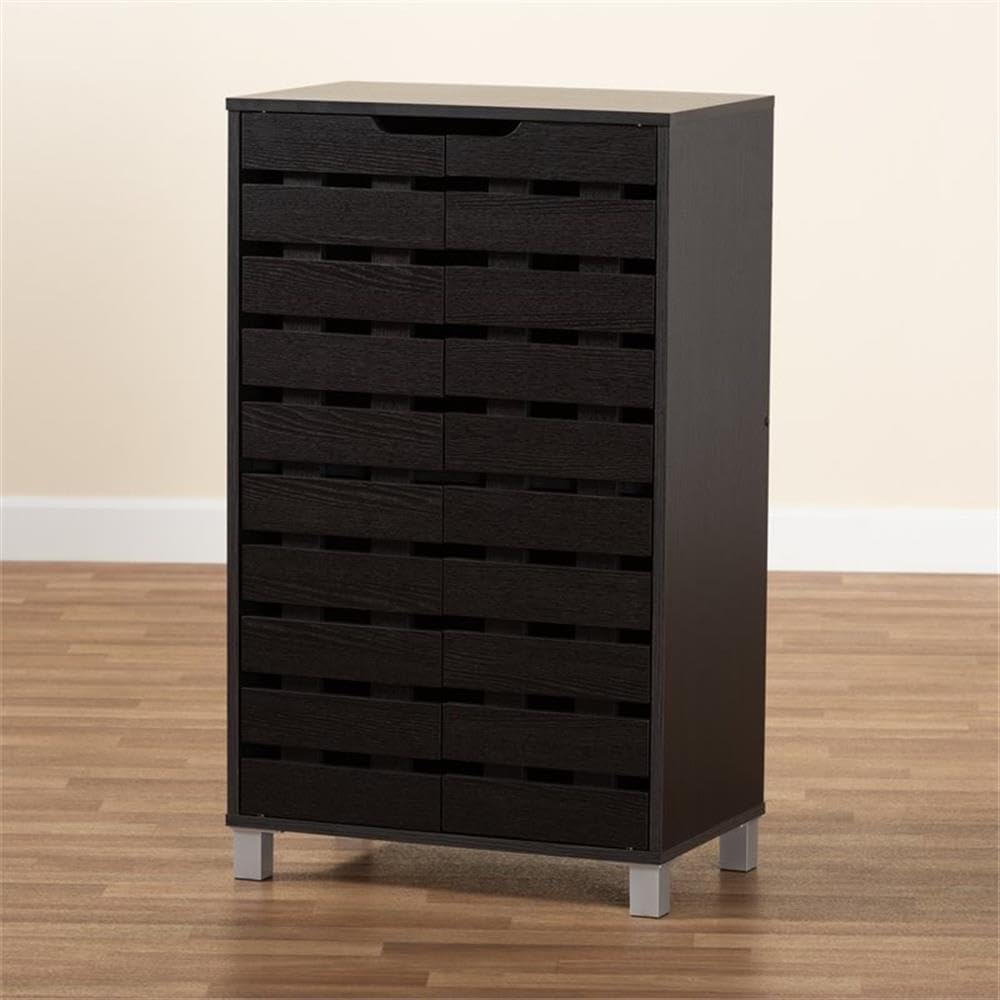 BOWERY HILL Modern Dark Brown Wooden 2-Door Shoe Cabinet - Contemporary Shoe Storage Organizer for Entryway, Closet & Bedroom Organization