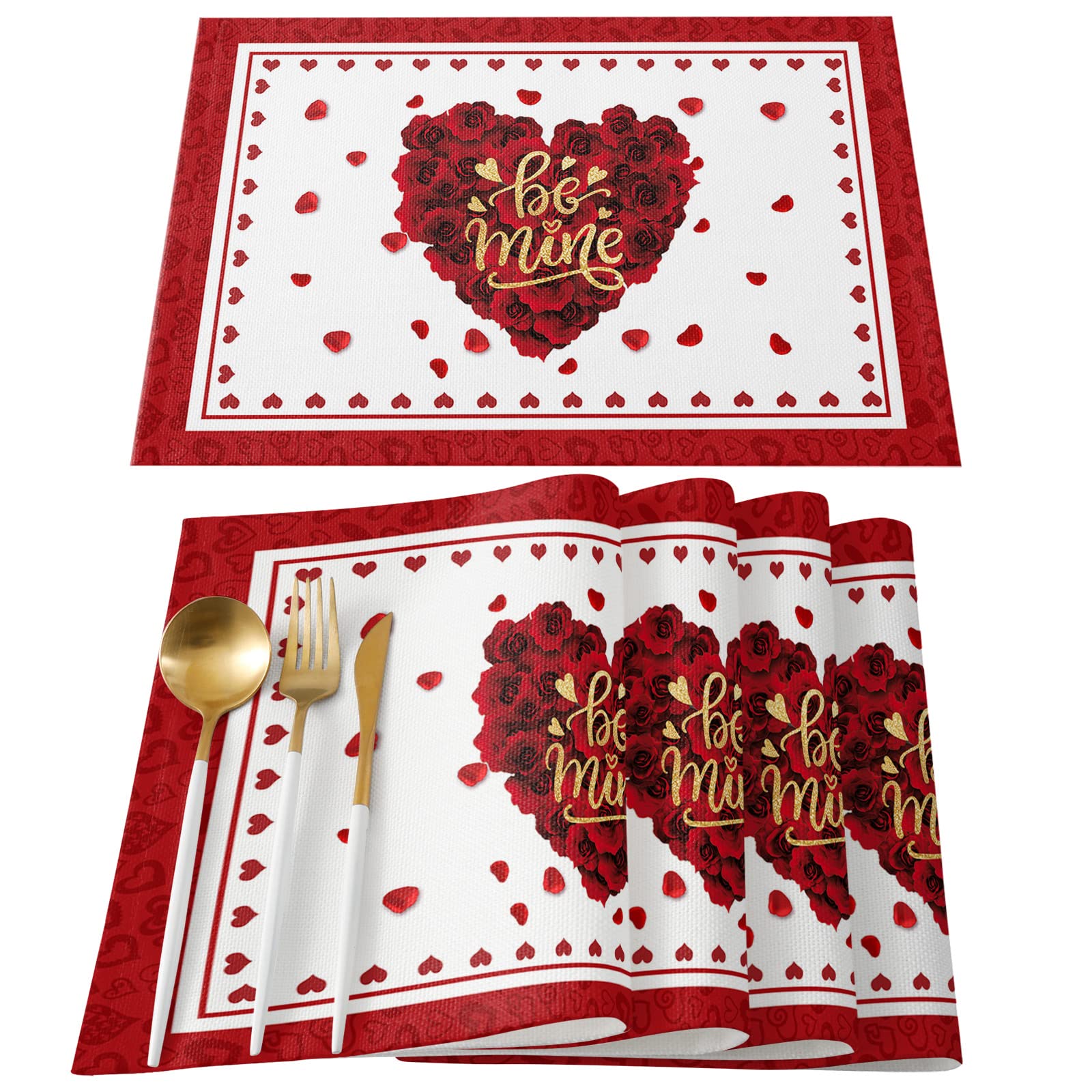 Mayhome Valentine's Day Placemats Set of 4 - 13x19 Inch Non-Slip Cotton Table Mats for Dining Table, Romantic Heart Design, Washable & Heat-Resistant - Perfect for Valentine's Dinner, Kitchen Decor, Party, and Patio Tables