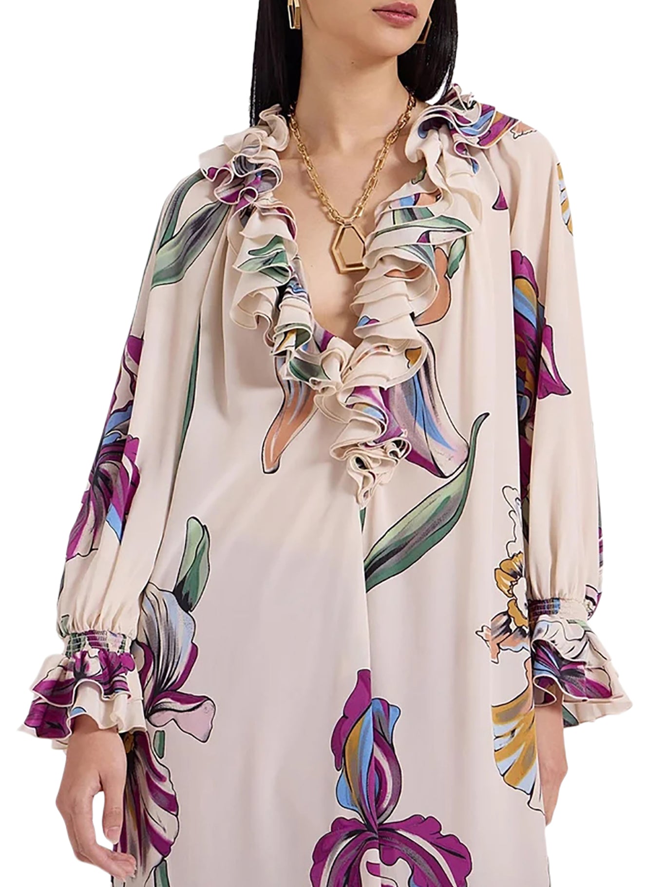 La Double J Hey Jude Dress - Multicolor Floral Print Midi Dress | Women's Summer Boho Chic Dress for Beach, Vacation & Party Wear | Model: DRE0850CRE001IRS01 WH04IRIS