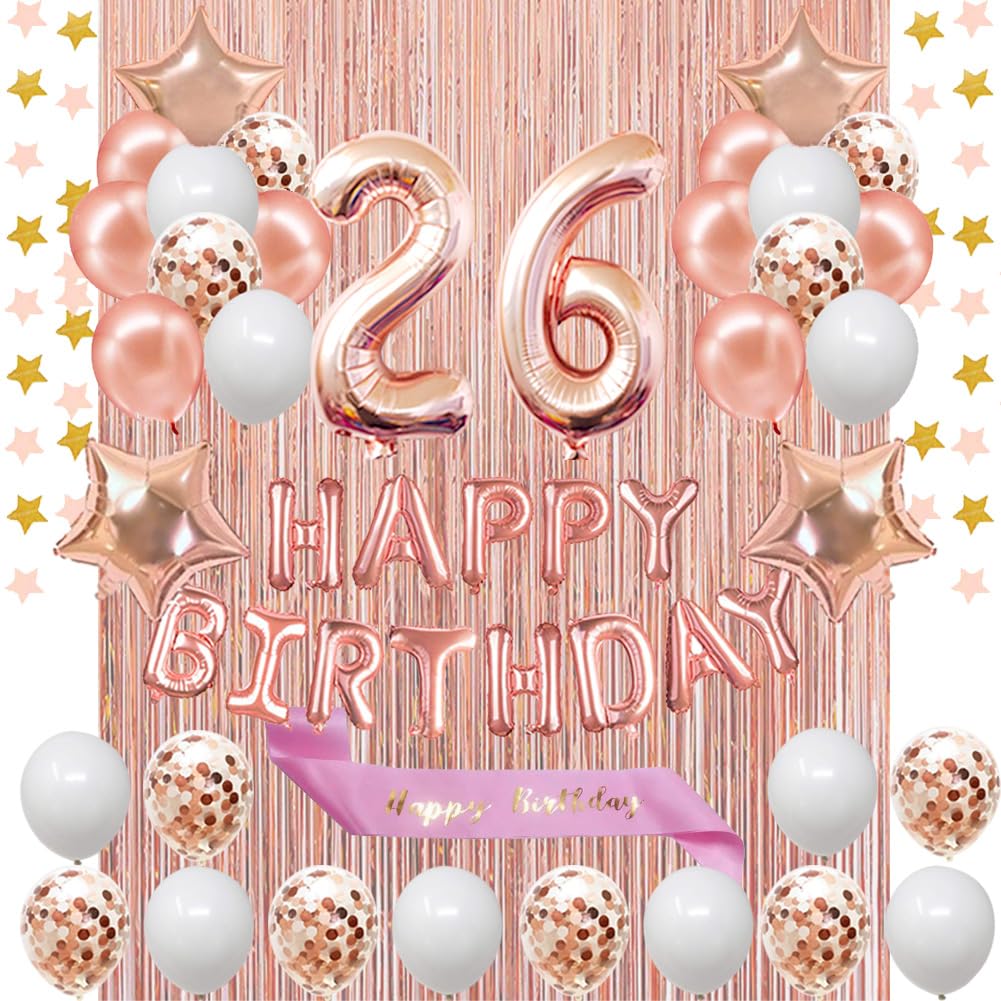 26th Birthday Decorations Set - Rose Gold Happy Birthday Banner, Sash & Number 26 Balloons | Latex Confetti Balloons for Women's 26th Birthday Party | Perfect for Birthday Decor, Photo Backdrops & Celebration Events