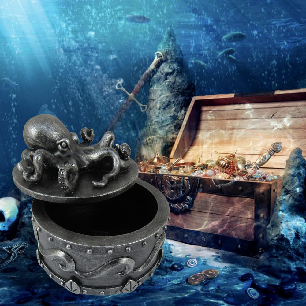 Sea Safe Keeper Pewter Octopus Trinket Box with Lid - 5 Inch Nautical Jewelry Storage Box for Women | Home Decor Ocean Theme Gift | Perfect for Organizing Rings, Earrings & Small Keepsakes
