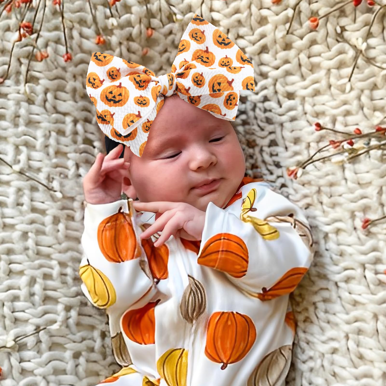 Halloween Hair Bows for Baby Girls - Pumpkin & Black Ghost Printed Headbands | Soft Nylon Hair Accessories for Newborns & Toddlers | Perfect for Halloween Costumes, Photo Shoots & Party Outfits