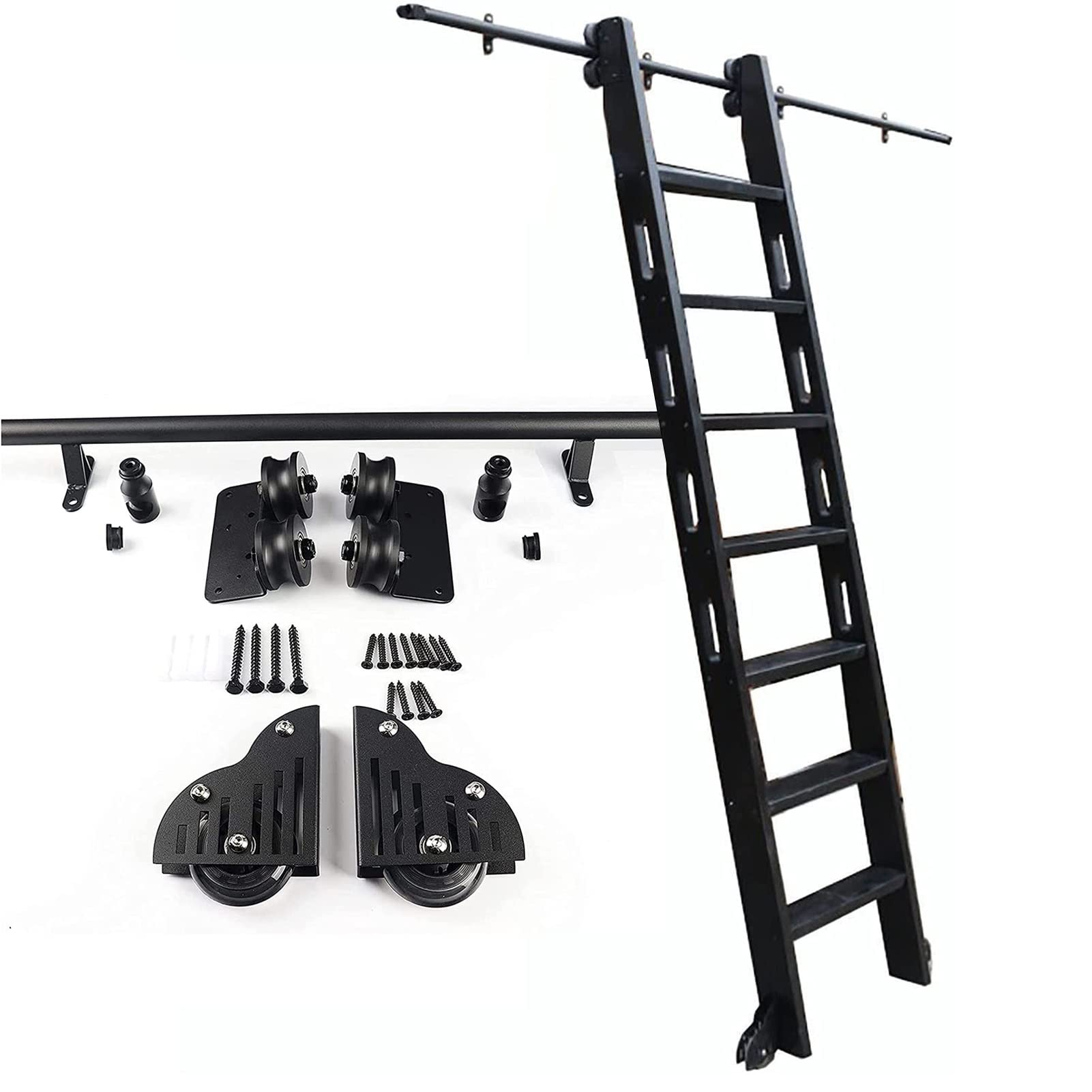 3.3ft to 20ft Rolling Library Ladder Hardware Kit - Sliding Barn Door Track System with Floor Roller Wheels for Home, Office & Warehouse Storage Solutions
