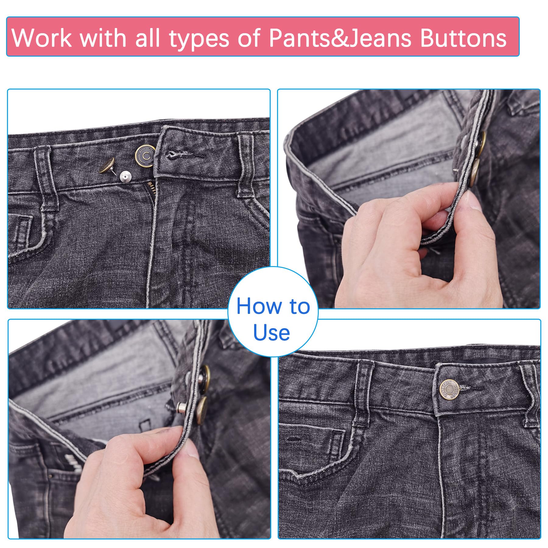 8-Piece No-Sew Jean Button Pins - Reusable & Adjustable Replacement Buttons for Loose Pants & Jeans (Instant Fix Without Tools) - Perfect for DIY Clothing Repair, Denim Upcycling & Emergency Wardrobe Fixes