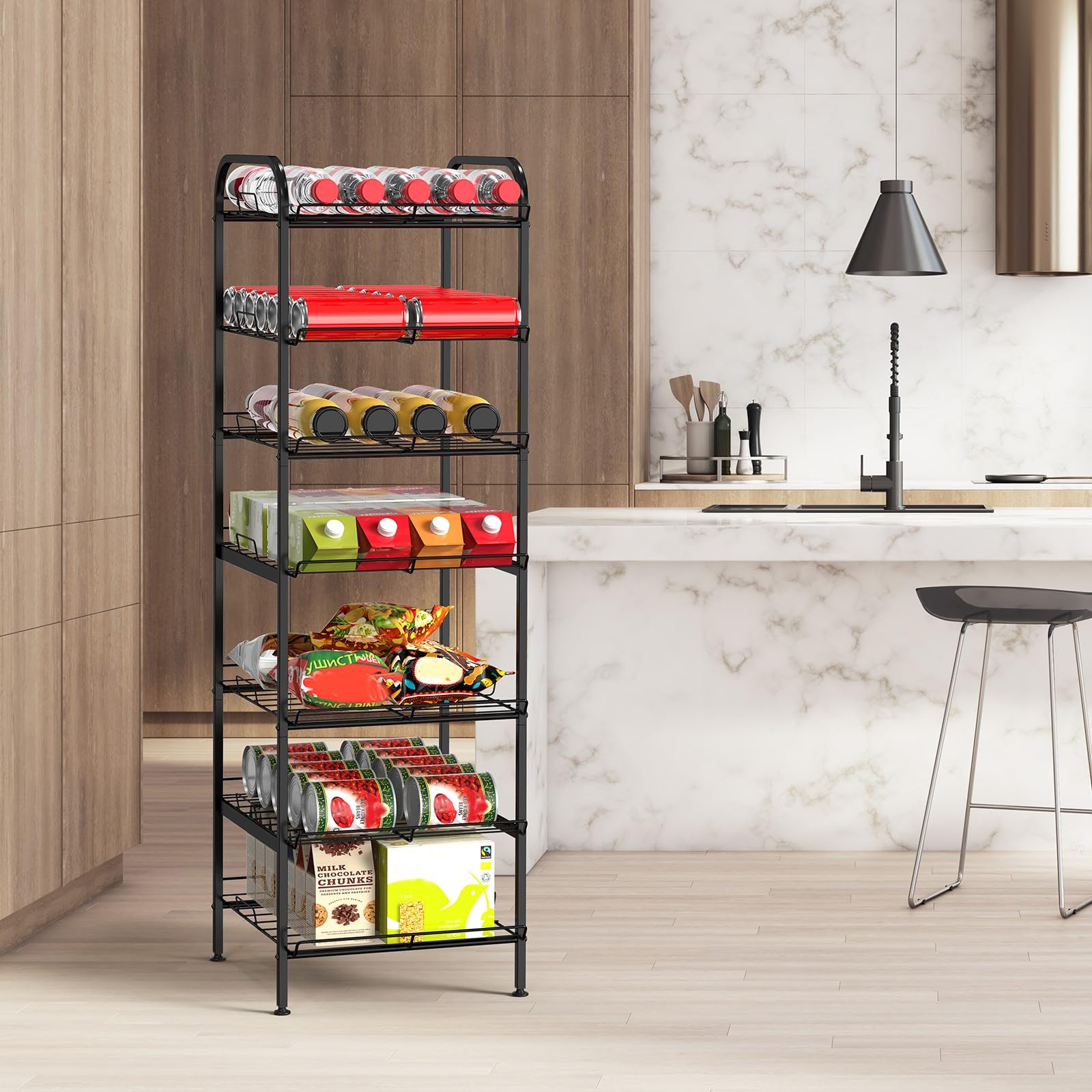7-Tier Metal Water Bottle Organizer Stand - Freestanding Kitchen Pantry Storage Shelf for Bottles, Food & More (Black) - Perfect for Organizing Kitchen, Pantry, or Garage Storage