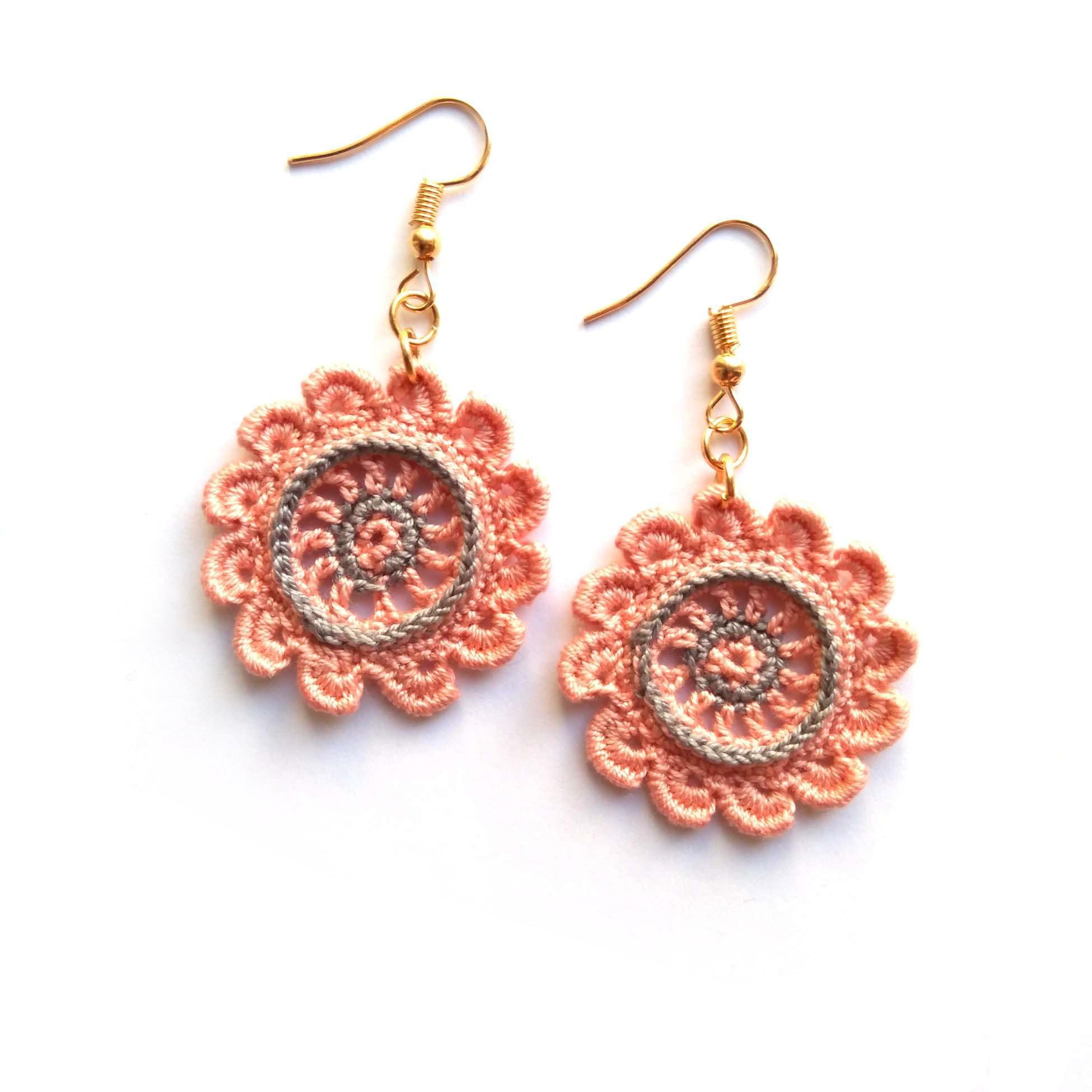 Handmade Crochet Lace Mandala Earrings - Pink/Grey - Christmas Gift for Her | Made in Italy | Boho Party Jewelry
