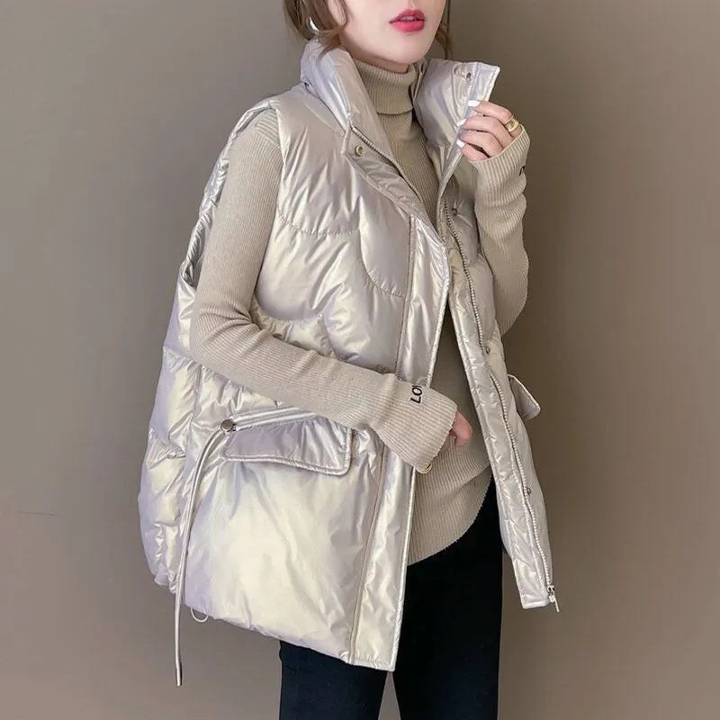 Elegant Women's Stand Collar Quilted Vest - Winter Warm Sleeveless Jacket for Women | Solid Color Casual Fashion Coat | Perfect for Office Wear, Outdoor Activities & Fall Layering