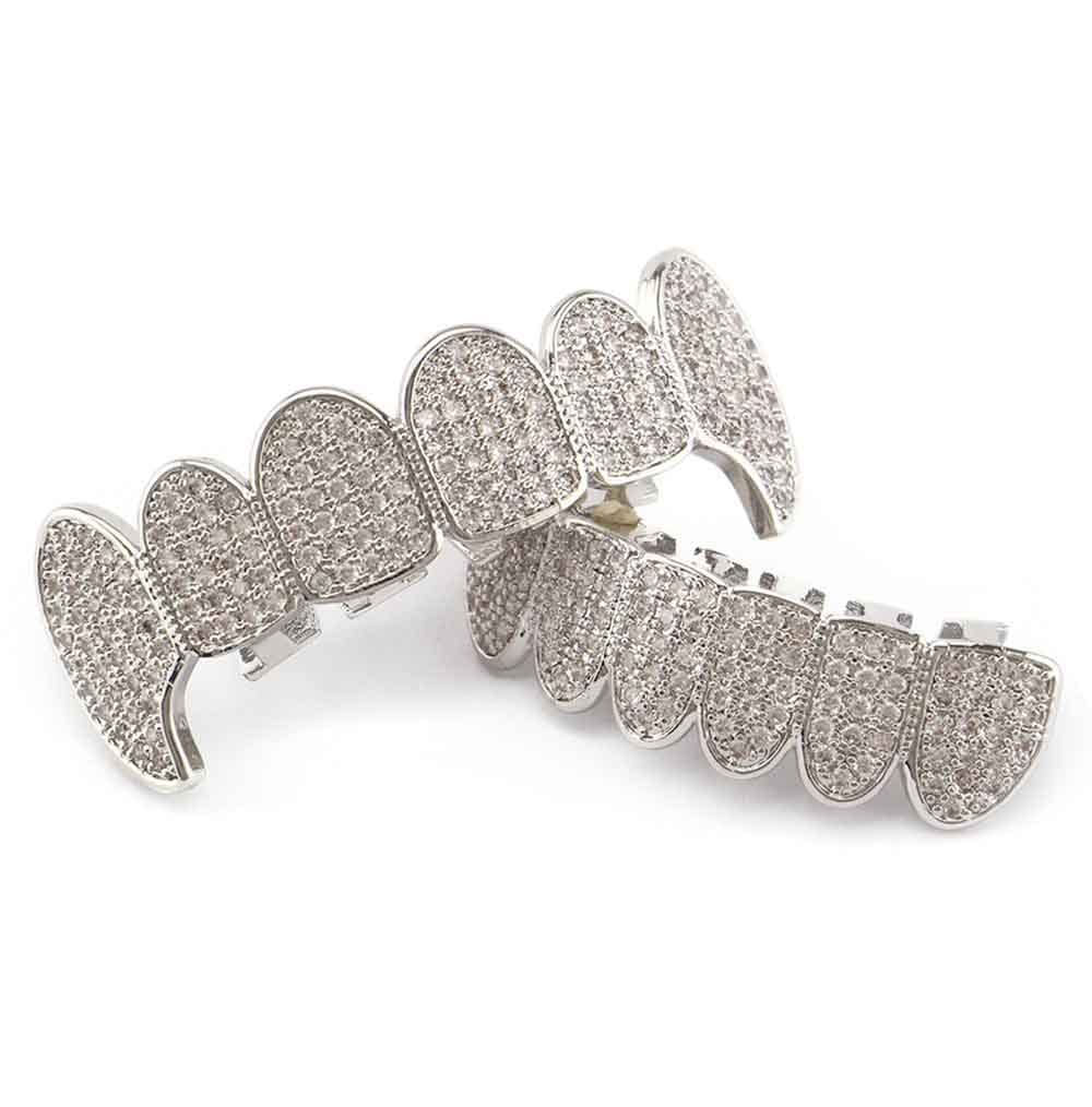 Gold Plated Shiny Diamond Vampire Fangs Grillz Set - Iced Out Top & Bottom Hip Hop Teeth Grills for Men & Women | Perfect for Halloween, Cosplay, and Hip Hop Fashion