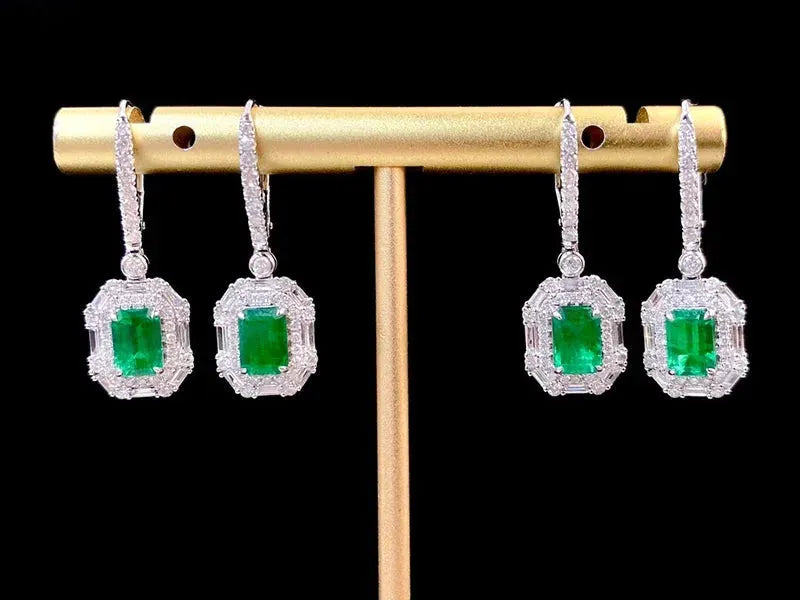 18K White Gold Emerald and Diamond Earrings for Women - Elegant Luxury Party Jewelry with Real Natural Gemstones - Perfect for Weddings, Galas, and Special Occasions