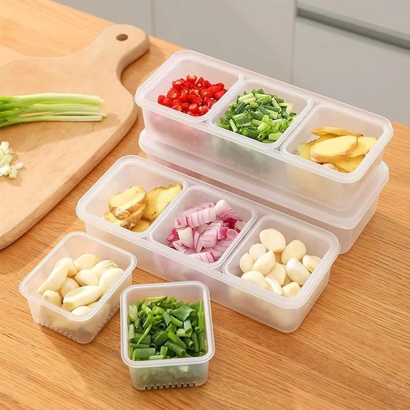 MosQuick® 3-Grid BPA-Free Food Storage Containers for Refrigerator - Airtight Kitchen Organizer for Vegetables, Fruits, Herbs & Garlic | Stackable Fridge Storage Bins | Perfect for Meal Prep, Leftovers & Grocery Organization
