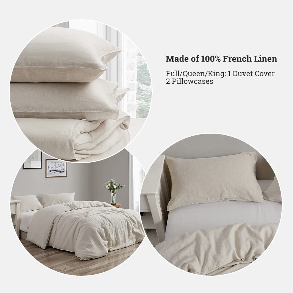 GIORCIS 100% French Linen Duvet Cover Queen Size - Stone Washed Natural Linen Bedding Set with Zipper Closure & 8 Ties, Includes 2 Pillowcases (Queen/Full) | Soft, Breathable & Durable for All Seasons - Perfect for Master Bedroom, Guest Room & Vacation Homes