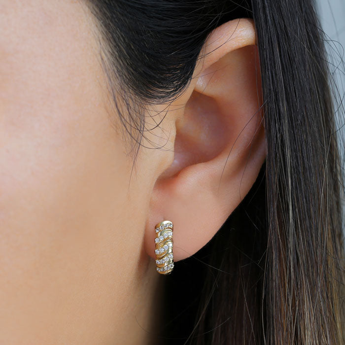 14K Yellow Gold Hoop Earrings with Clear CZ Stones - 4.5mm x 14mm Striped Design for Women, Perfect for Parties, Weddings & Everyday Wear