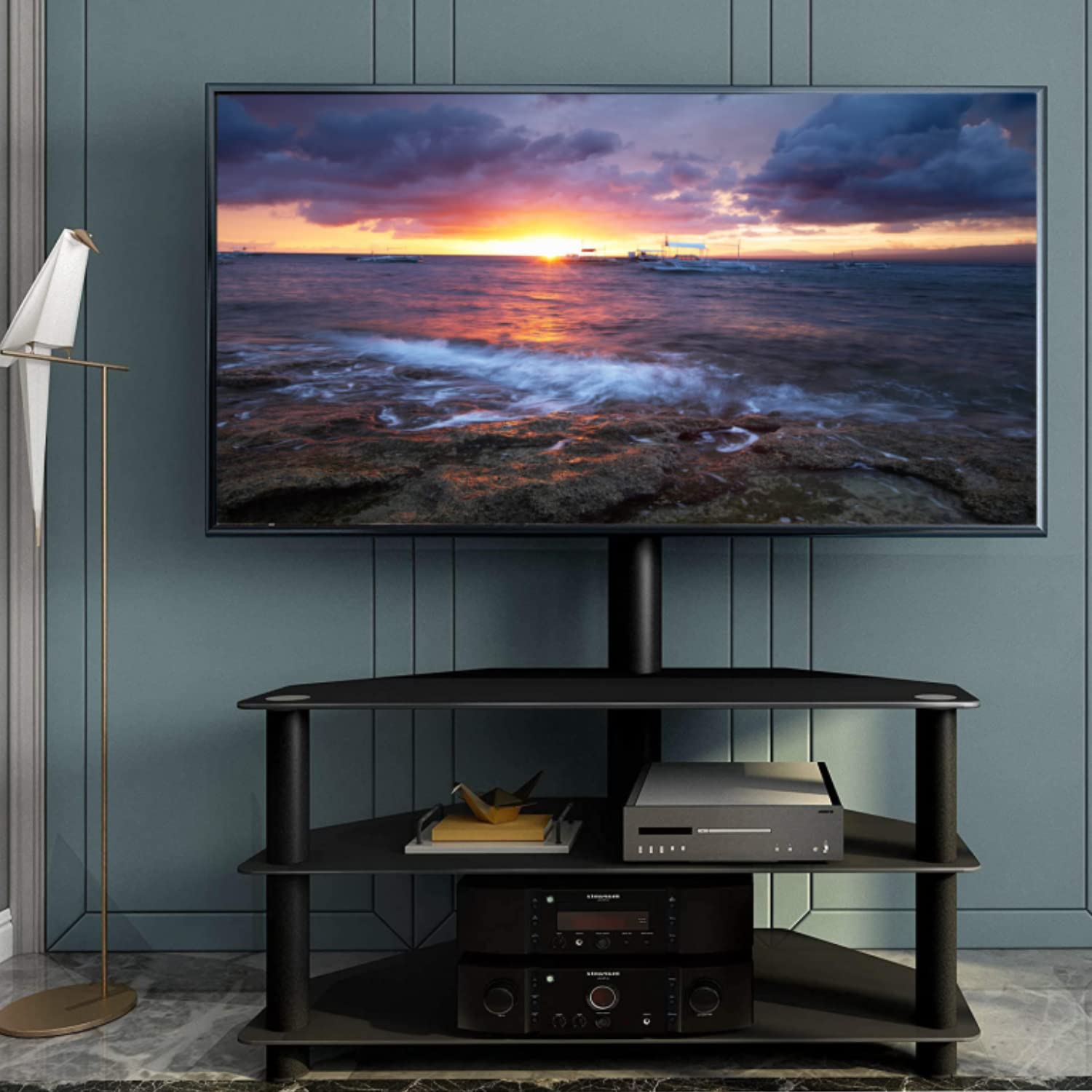 Swivel Corner Floor TV Stand with Mount for 32-65 Inch Flat & Curved Screens - Adjustable 3-Tier Tempered Glass TV Stand with Cable Management, Max VESA 600x400mm - Perfect for Living Room, Bedroom & Home Theater Setup