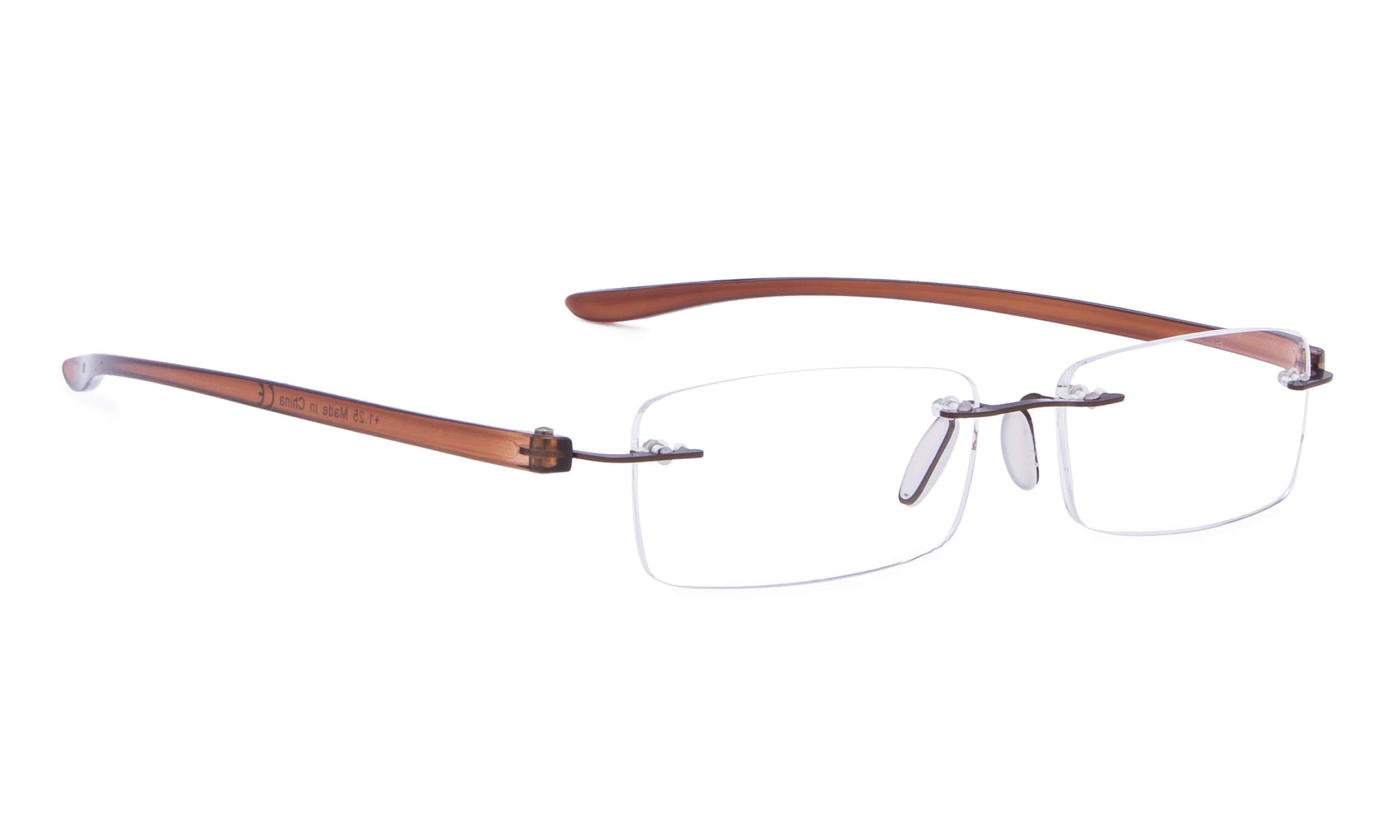 BLUELESS Rimless Reading Glasses for Men & Women - Lightweight Small Frame Readers with Spring Hinges (Brown) - Perfect for Reading, Computer Work & Office Use