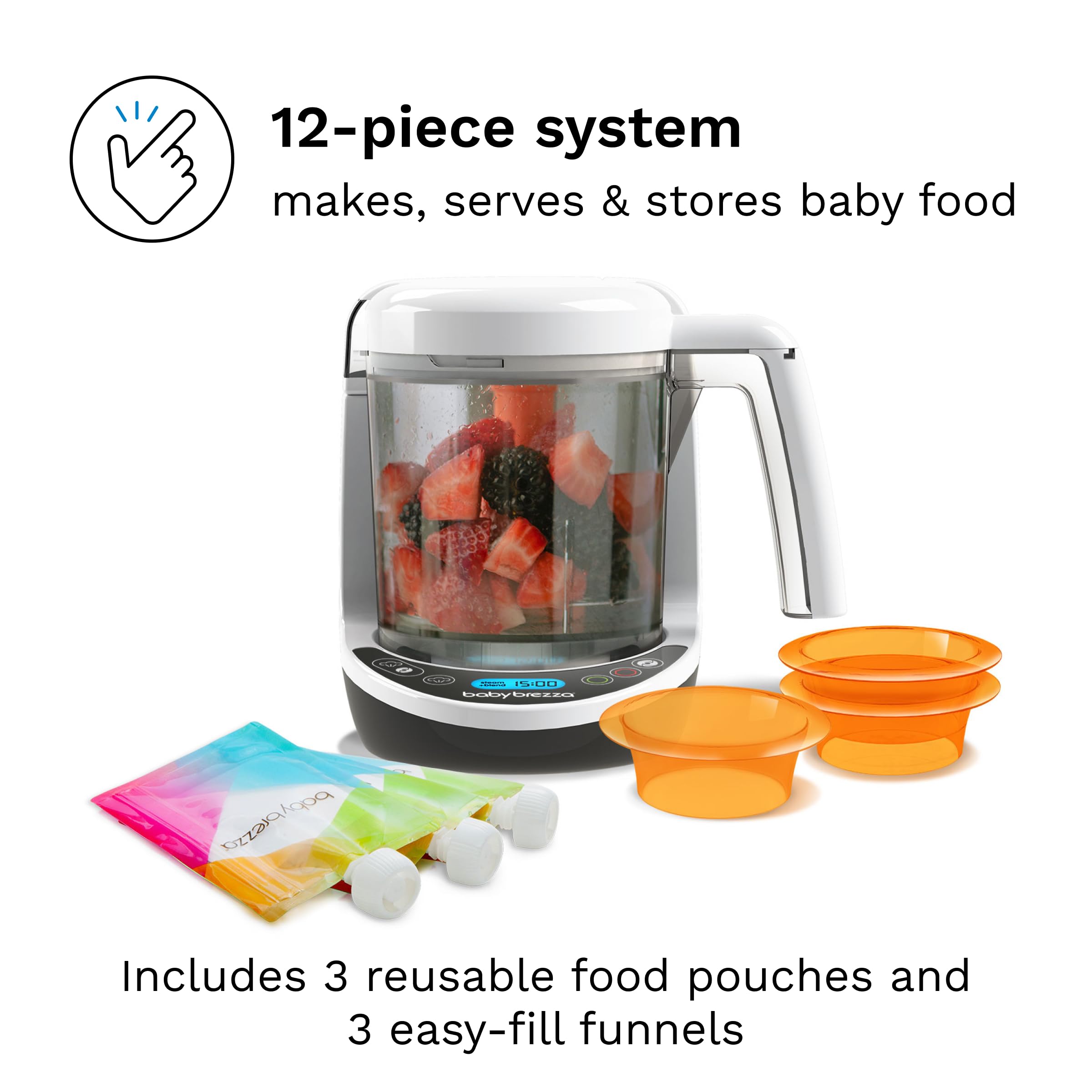 Baby Brezza One Step Baby Food Maker Deluxe – Automatic Shut Off, Dishwasher Safe Steamer & Blender for Homemade Organic Purees – Perfect for Infants & Toddlers – Includes 3 Pouches + 3 Funnels – Ideal for Busy Parents Making Healthy Meals at Home