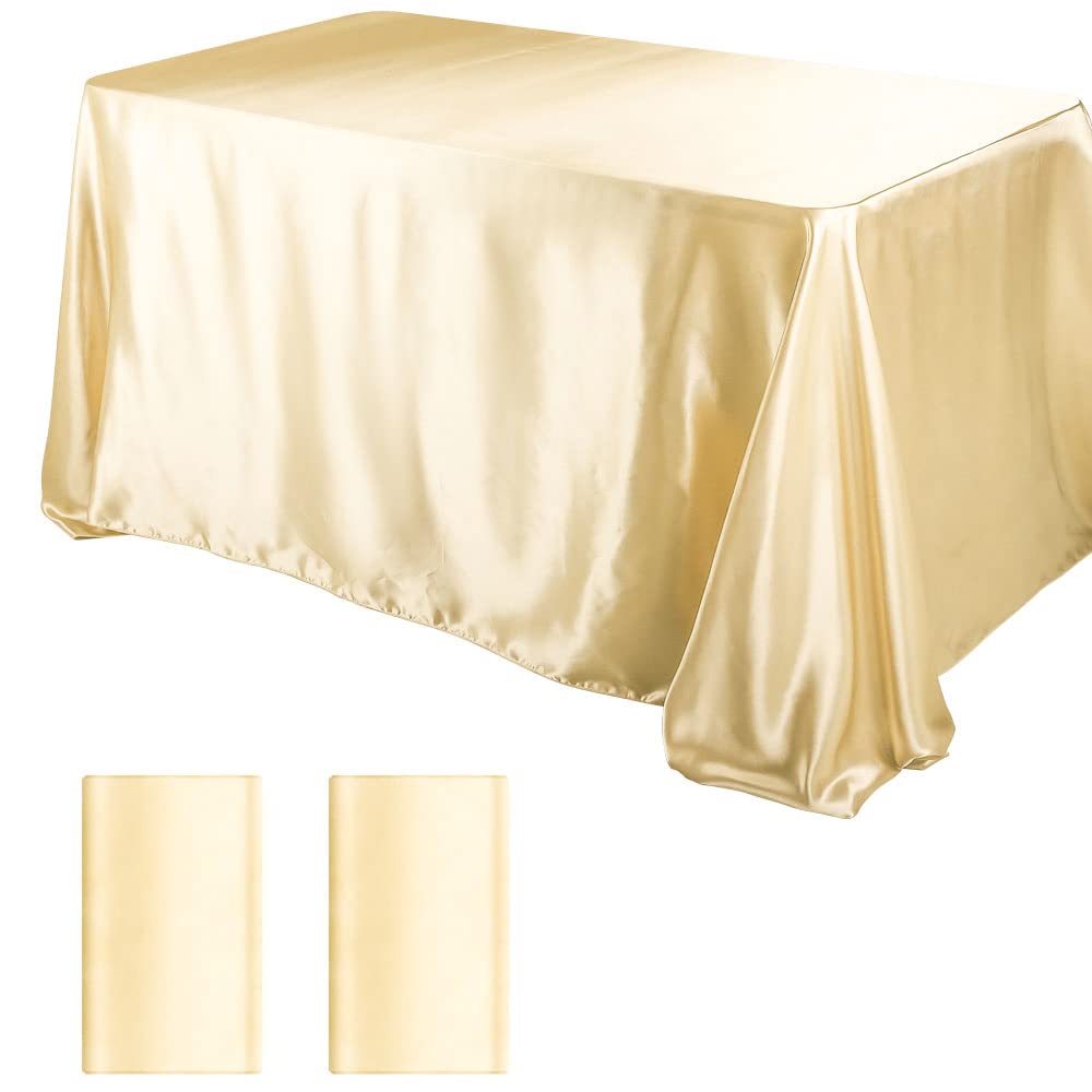 Aksipo 2 Pack Premium Champagne Satin Tablecloth - 60x102 Inch Smooth Fabric Rectangle Table Cover for Wedding, Banquet, Party & Dining Table Decoration - Elegant & Bright Silk-Like Finish for Special Events & Home Decor
