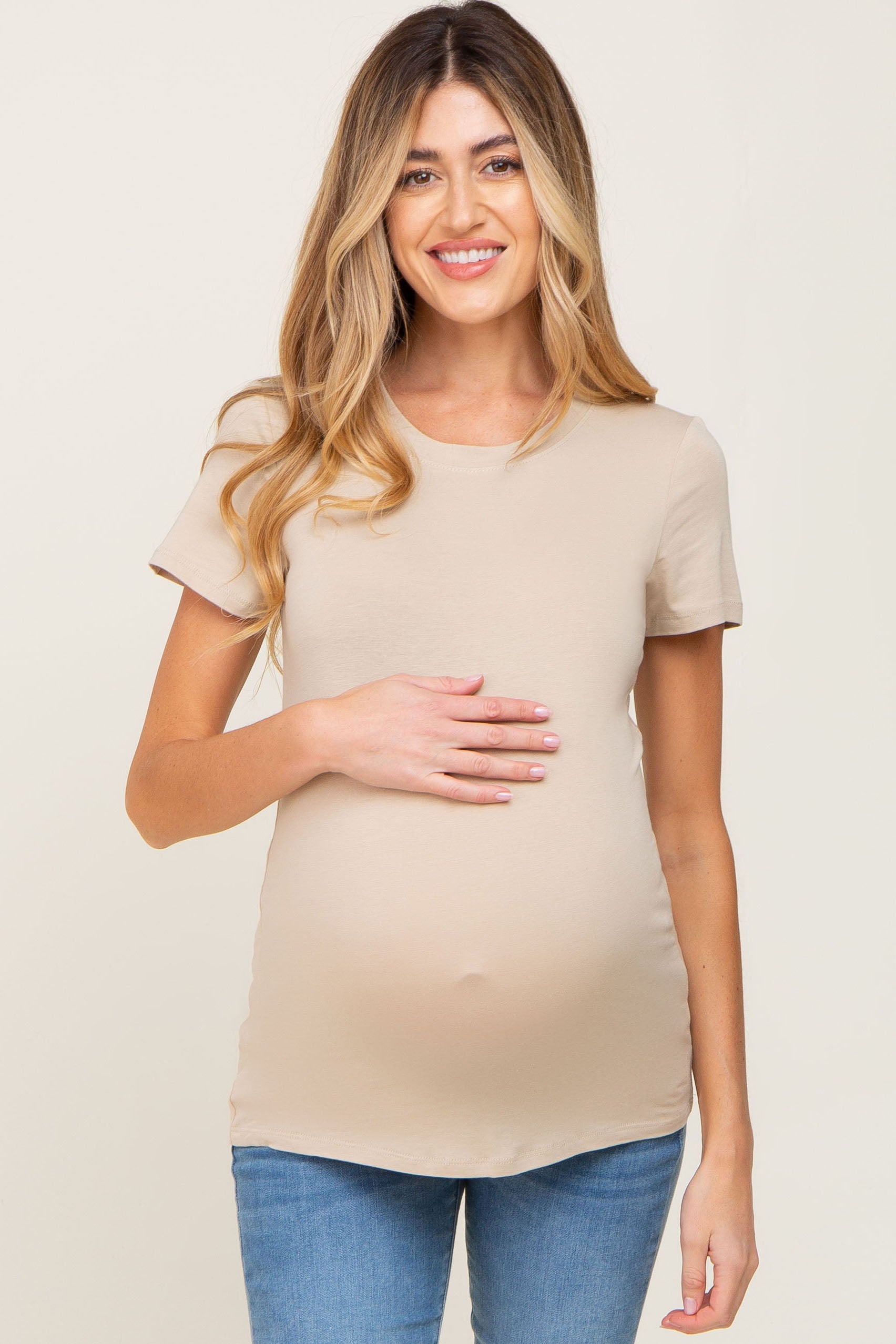 Soft Beige Maternity T-Shirt for Women - Comfortable Basic Crew Neck Pregnancy Tee - Perfect for Everyday Wear, Maternity Photos & Relaxing at Home
