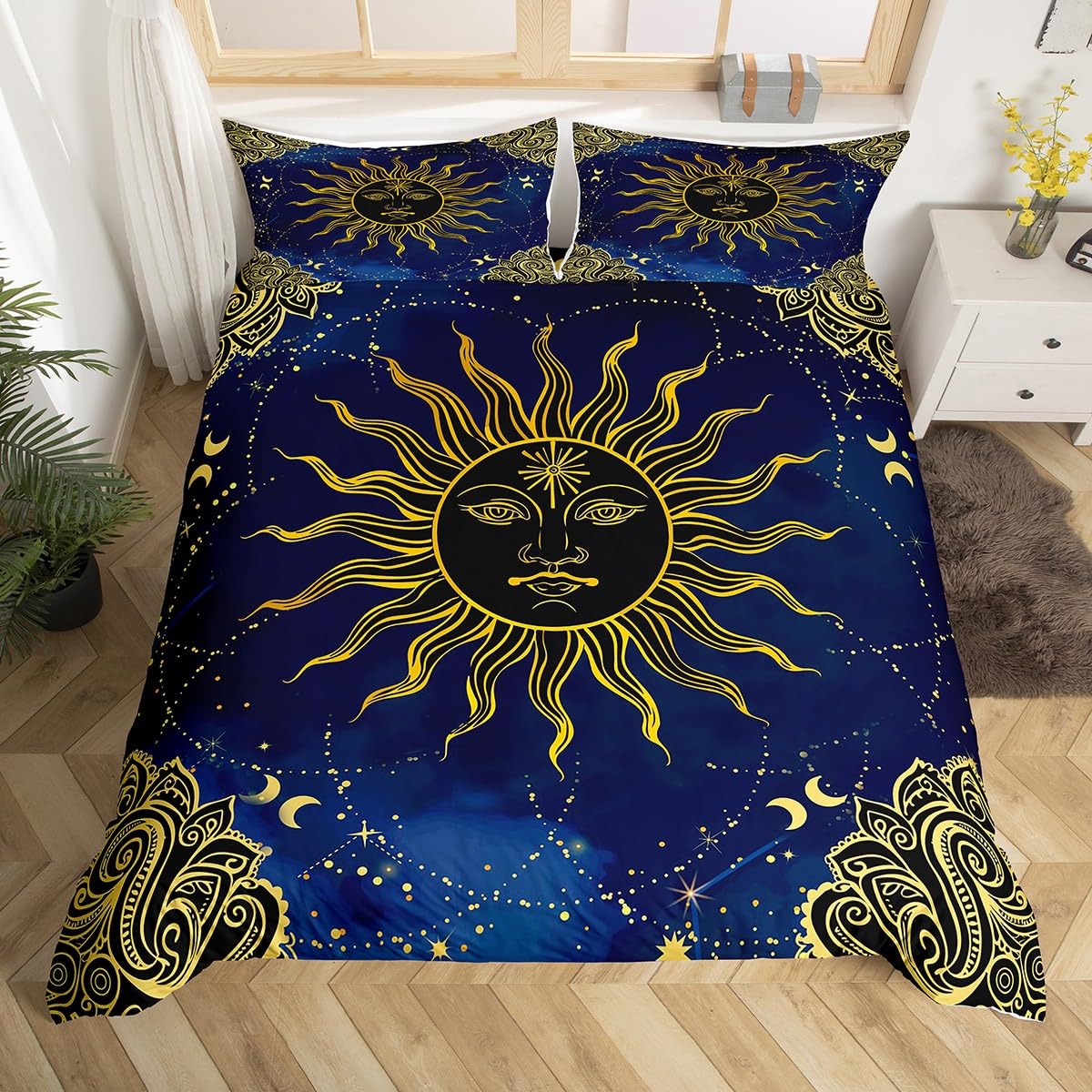 Bohemian Bedding Set - Boho Chic Sun Moon Comforter Cover Twin Size, Tribal Starry Sky Duvet Cover for Kids Teens & Adults, Galaxy Paisley Spiral Quilt Cover - Perfect for Bedroom Decor, Guest Room & Boho Style Living Room - Gold & Blue Design