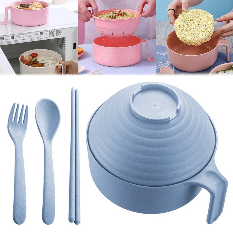 Microwave Safe Ramen Noodle Bowl with Lid & Chopsticks - Portable Instant Noodle Cooker for Dorm, Home & Office - BPA-Free Blue Soup Bowl for Quick Meals, Camping & Travel