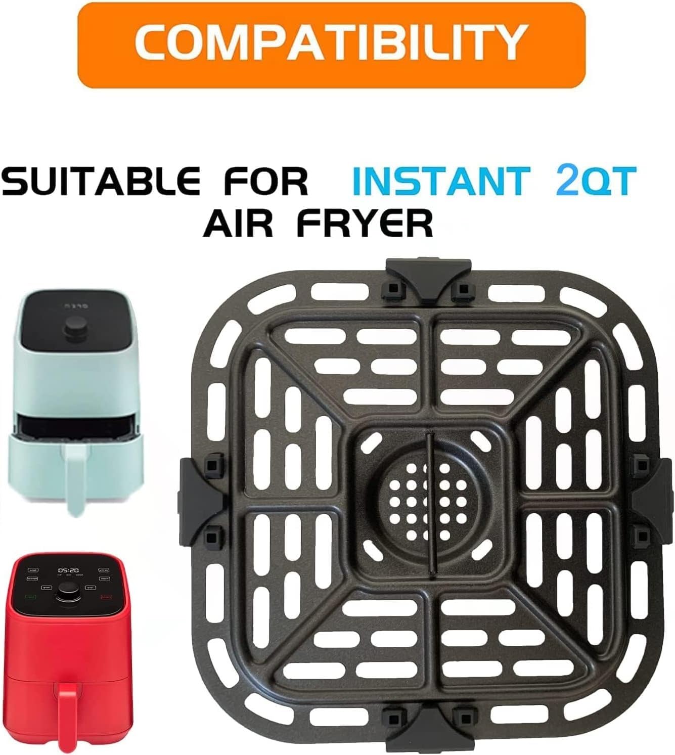 Upgraded 2QT Square Air Fryer Grill Plate for Instant Pot Air Fryers - Nonstick & Dishwasher Safe Crisper Tray Insert Rack - Perfect for Grilling, Roasting & Reheating Food in Small Air Fryers