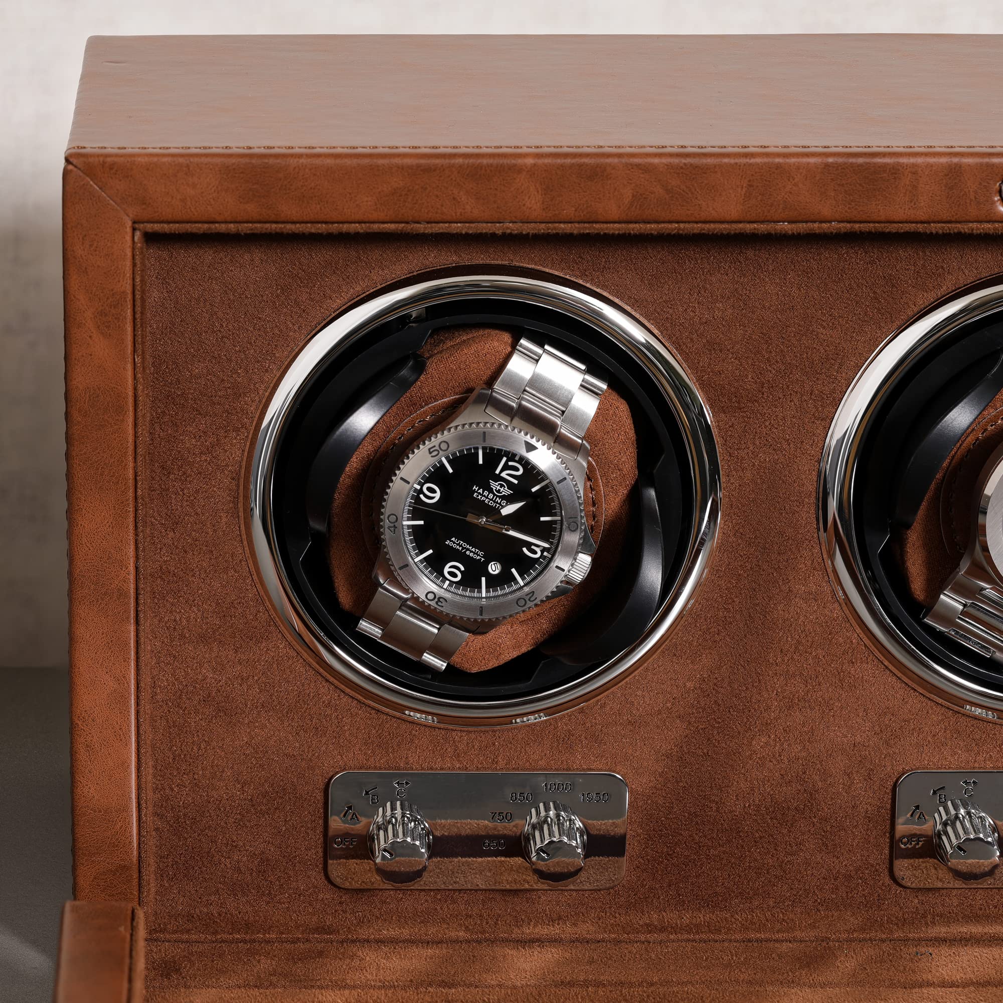 ROTHWELL Triple Automatic Watch Winder - Quiet Motor with 3 Speed Settings & Custom Rotation Modes (Tan/Brown) - Perfect for Watch Collectors, Travel & Nighttime Storage