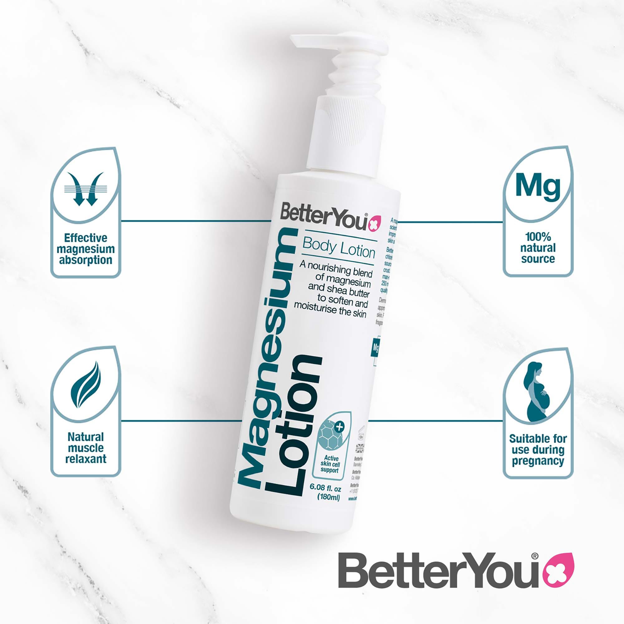 BetterYou Magnesium Body Lotion with Shea Butter - 6.08 oz Moisturizing Cream for Dry Skin, Muscle Relaxation & Stress Relief - Lightweight, Nourishing Formula for Daily Use at Home, Gym or Before Bed