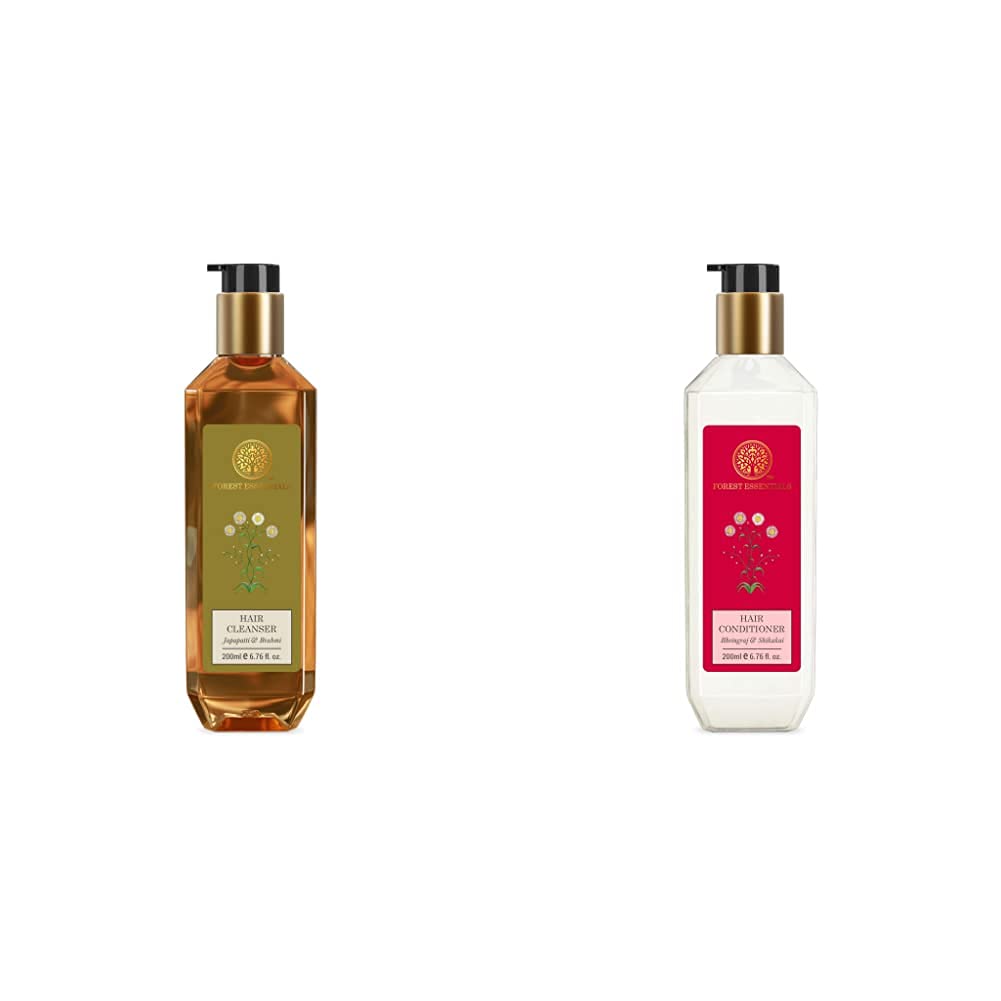 Forest Essentials Hair Cleanser with Japapatti & Brahmi (200ml) and Hair Conditioner with Bhringraj & Shikakai (200ml) - Ayurvedic Hair Care Set for Dry, Damaged Hair - Perfect for Daily Nourishment and Scalp Treatment