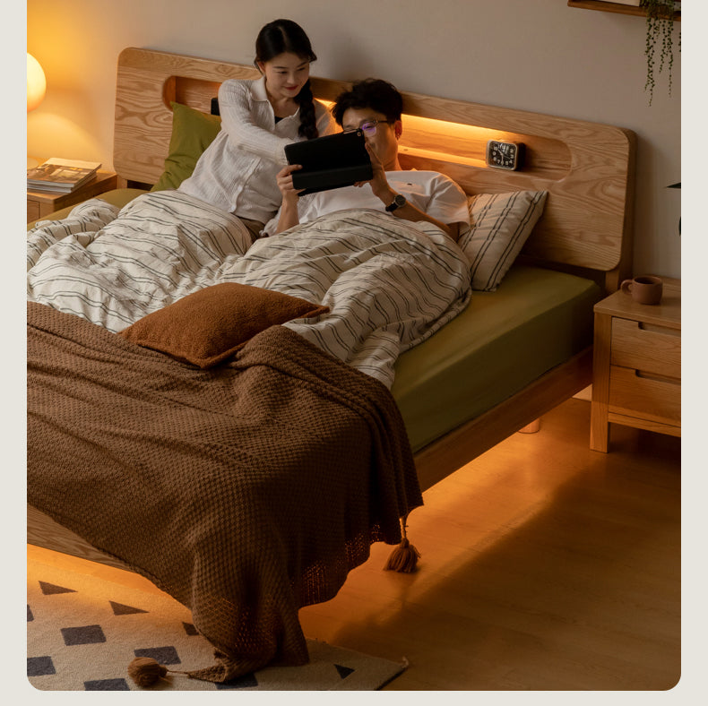 Solid Oak Wood Suspension Luminous Bed - Modern Floating Platform Bed with LED Lighting for Bedroom, Guest Room, or Dorm