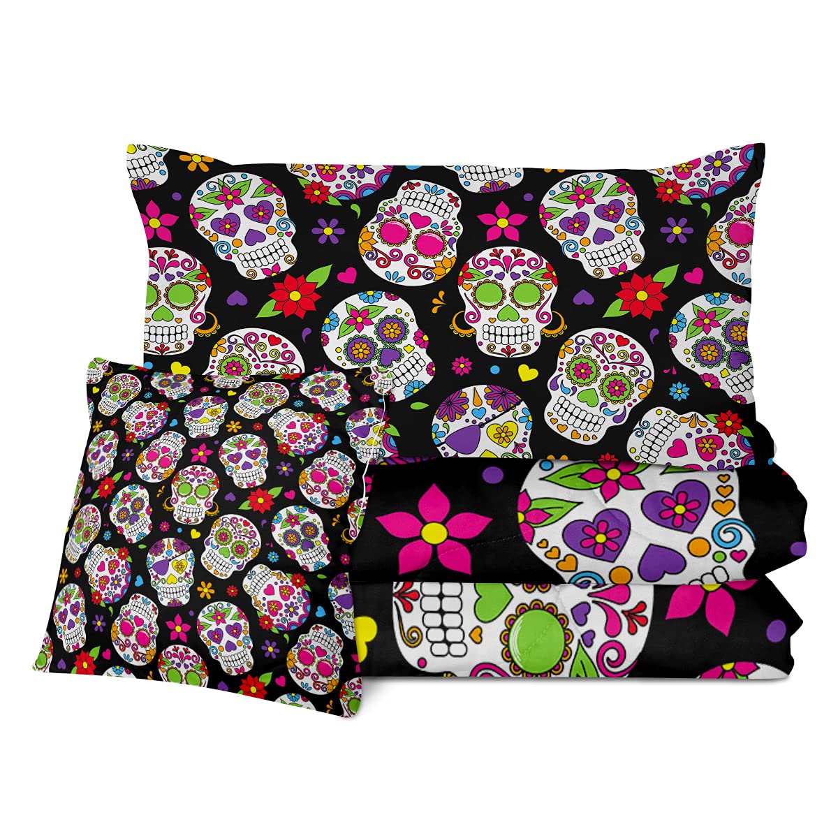 Sleepwish 4-Piece King Size Sugar Skull Comforter Set with 2 Pillow Shams & 1 Cushion Cover | Vibrant Skull Floral Print All-Season Bedding | Ultra-Soft, Breathable & Machine Washable | Perfect for Gothic, Boho or Halloween-Themed Bedrooms