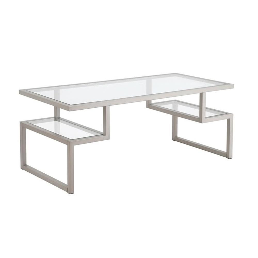Modern Metal Hollywood Coffee Table with Satin Nickel & Gray Finish, Tempered Glass Top - Perfect for Living Room, Lounge & Office Decor