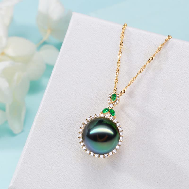 Tahitian Black Pearl Necklace for Women - 12-13mm Genuine South Sea Pearl Pendant in Sterling Silver Plated 18K Gold with Turquoise - Elegant Jewelry Gift for Christmas, Mother's Day & Valentine's Day - Perfect for Weddings, Anniversaries & Special Occasions