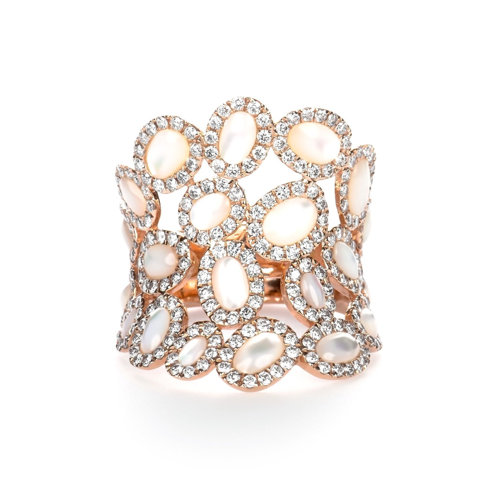 14k Rose Gold Oval Mother of Pearl & Diamond Cluster Full Finger Ring for Women - Elegant Bridal, Anniversary, or Evening Wear Jewelry Gift