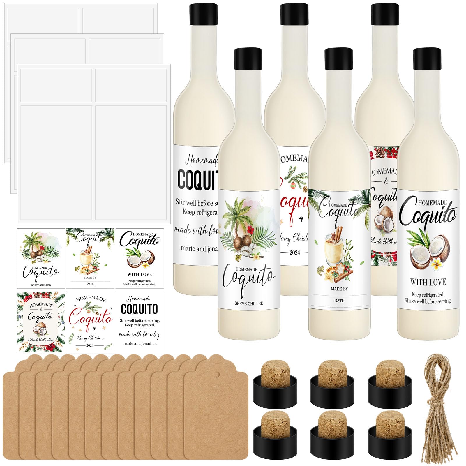 6-Pack 25 oz Glass Coquito Bottles with Airtight Caps & Blank Labels - Home Brewing Bottles for Wine, Milk, Eggnog, Kefir - Perfect for Holiday Parties, DIY Gifts & Homemade Beverages