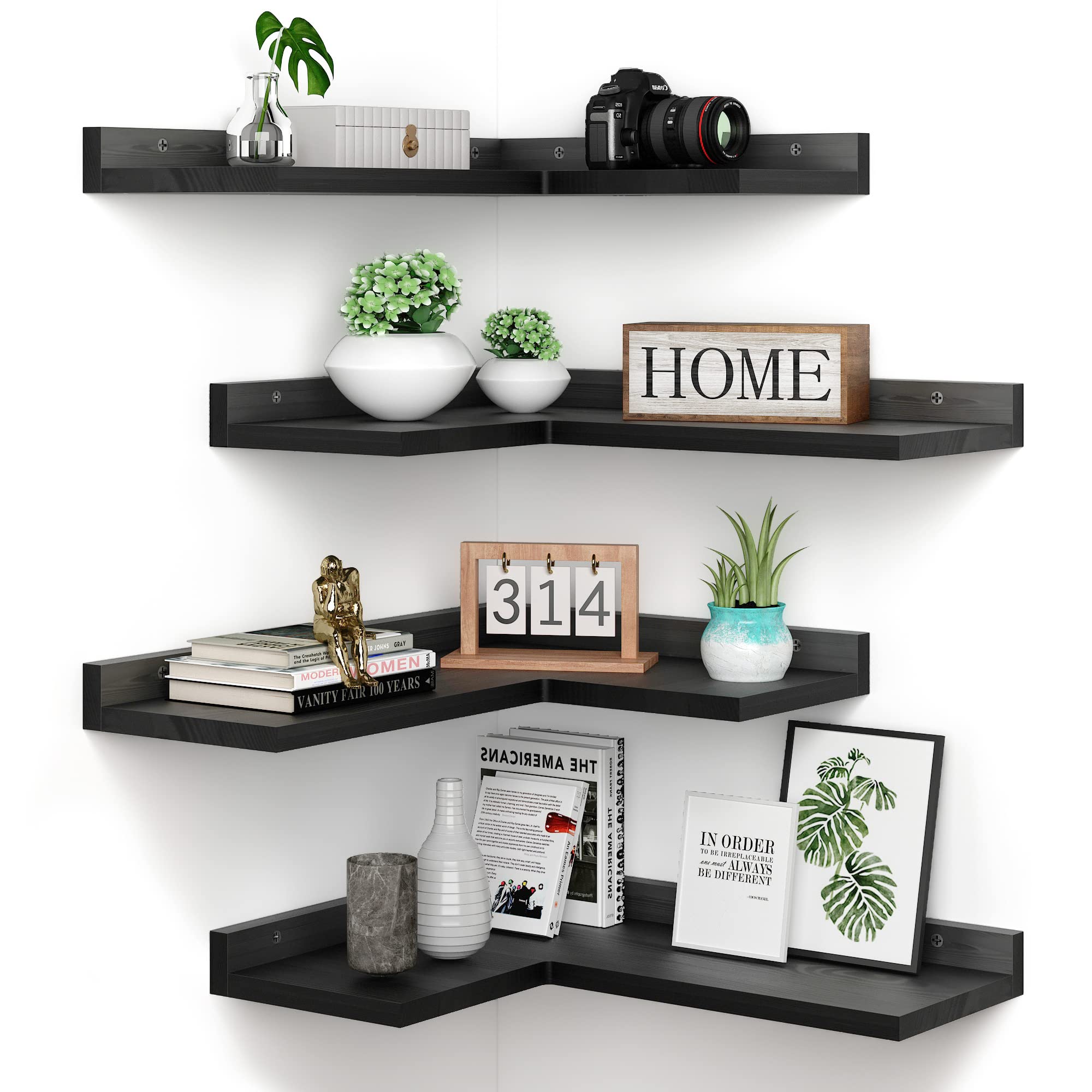 4 Tier Floating Corner Shelves Black Set of 4 - Rustic Pine Wood Wall Mounted L-Shaped Shelves for Home Decor & Storage - Perfect for Bedroom, Living Room, Bathroom & Kitchen Organization