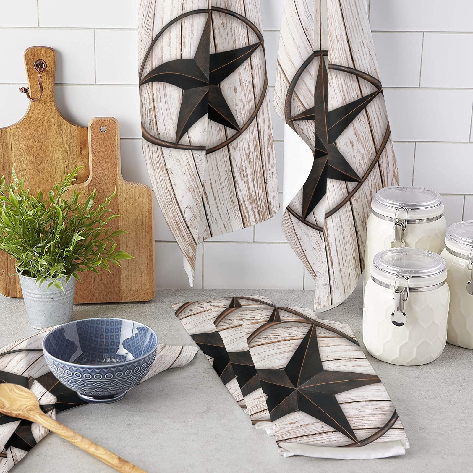 Rustic Star Western Texas Kitchen Dish Towels Set of 4 - Soft Lightweight Microfiber Absorbent Hand Towels for Kitchen, Bathroom & Wooden Board (18x28 Inches) - Perfect for Drying Dishes, Cleaning Countertops & Decorating Country Style Homes