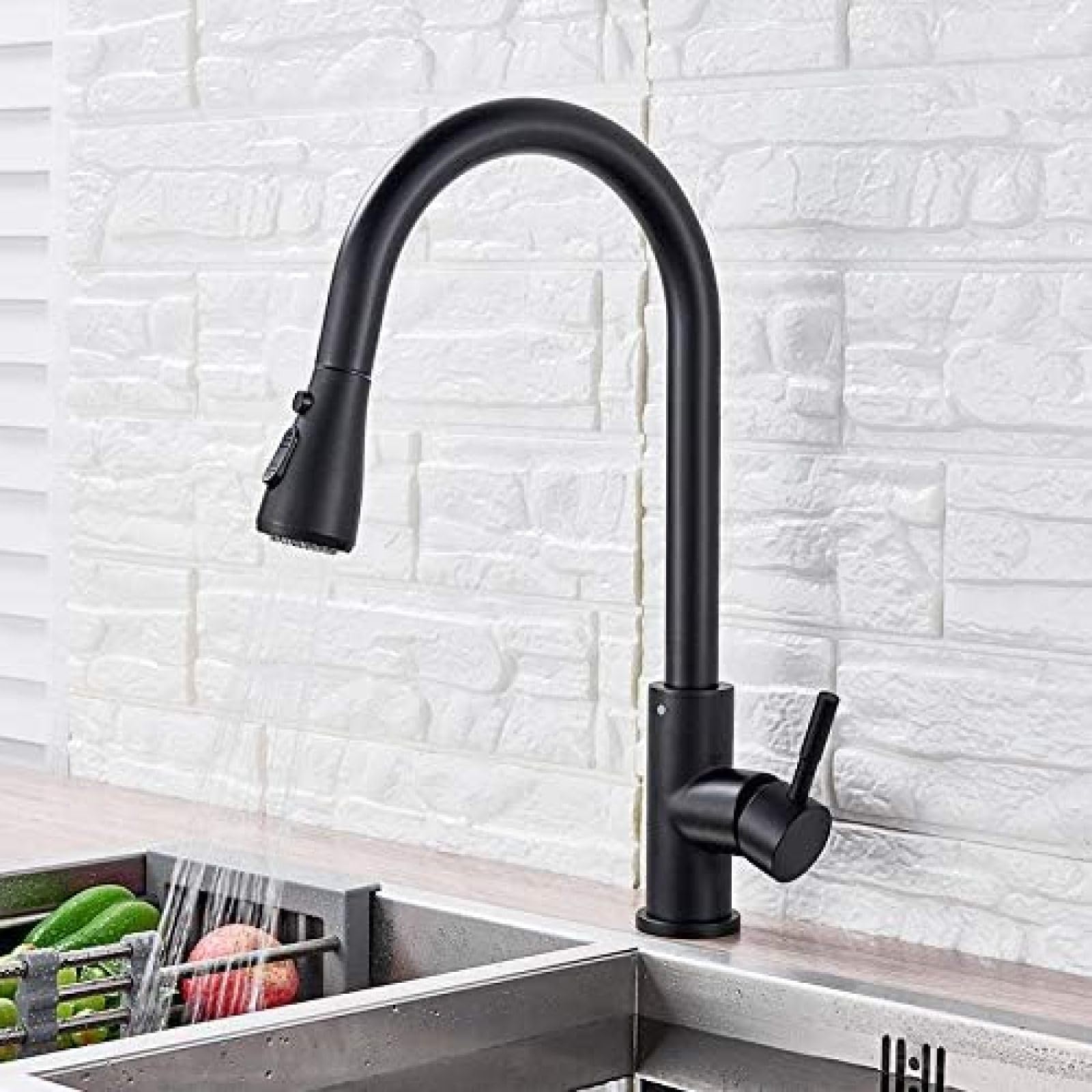 CRJUS Matte Black Pull Out Kitchen Faucet - 360° Swivel Single Handle Mixer Tap with Sprayer for Sink, Dishwashing & Food Prep (Black Wash Tap)