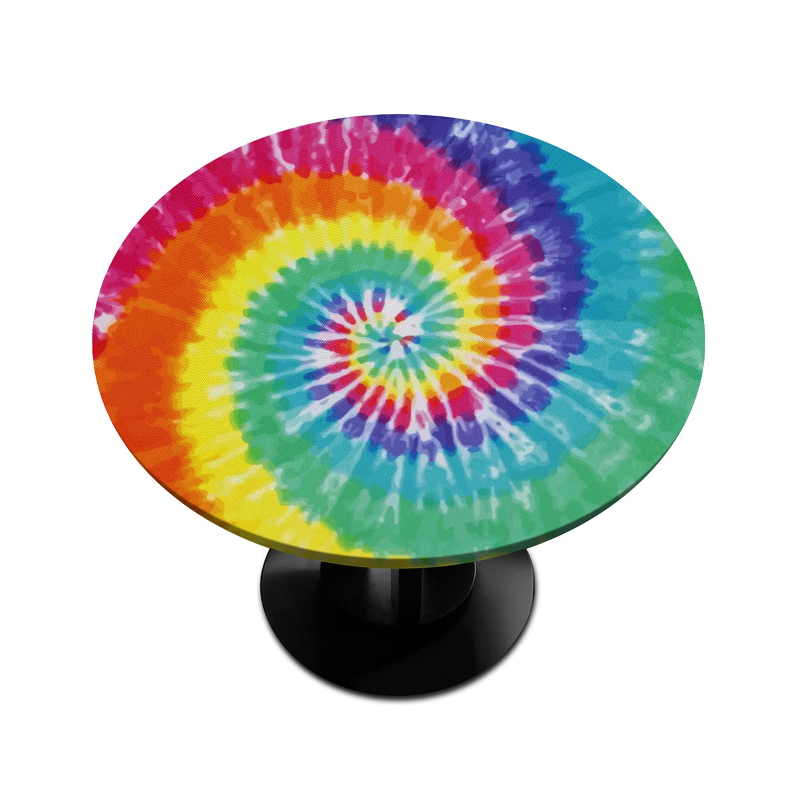Vibrant Rainbow Tie-Dye Elastic Edged Round Tablecloth - Waterproof Ethnic Table Cover for Indoor/Outdoor Use (Fits 45