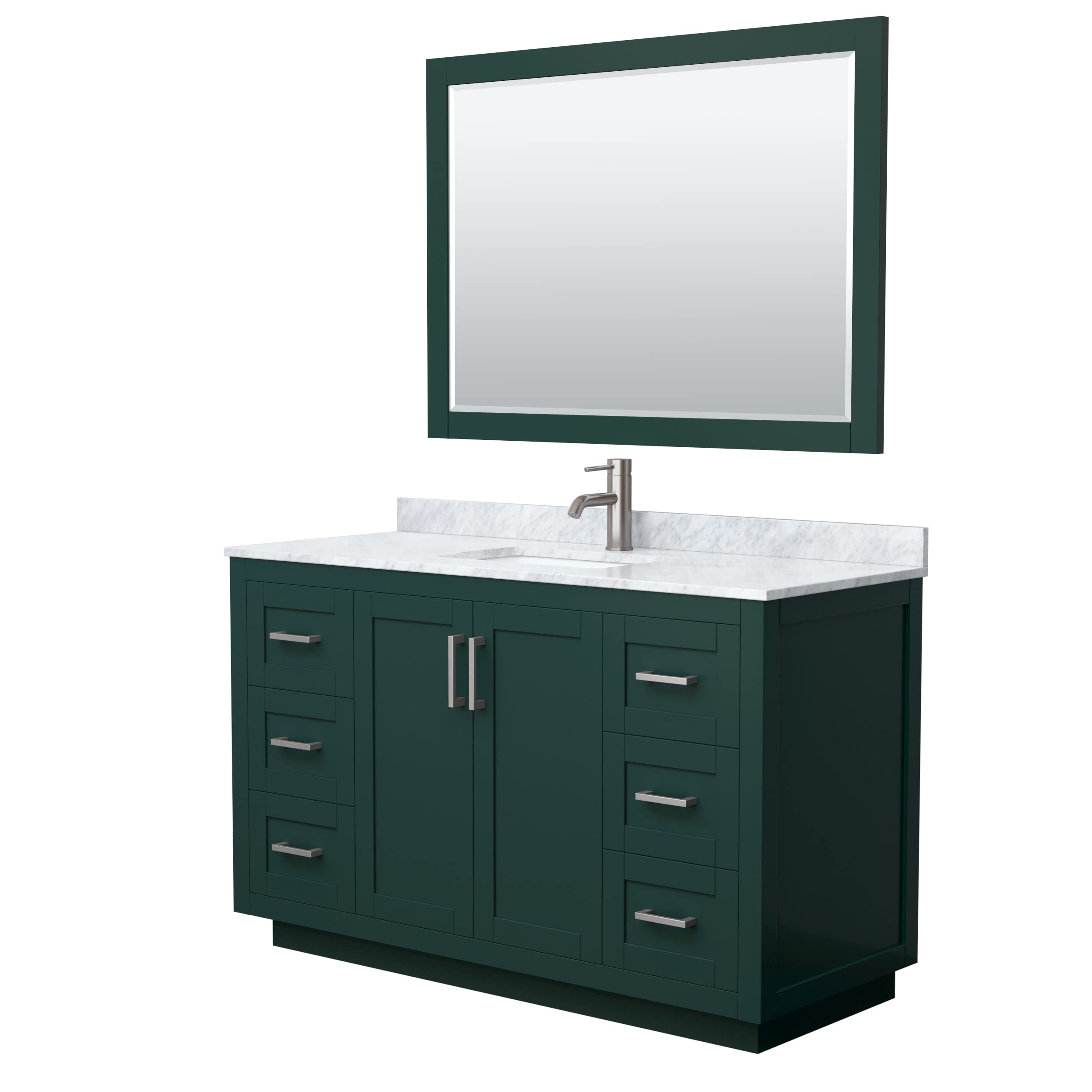 Wyndham Collection Miranda 54 Inch Single Bathroom Vanity in Green with White Carrara Marble Countertop, Undermount Square Sink & Brushed Nickel Trim - Includes 46 Inch Mirror for Modern Bathroom Decor (Perfect for Master Bath, Guest Bath & Small Space Remodels)
