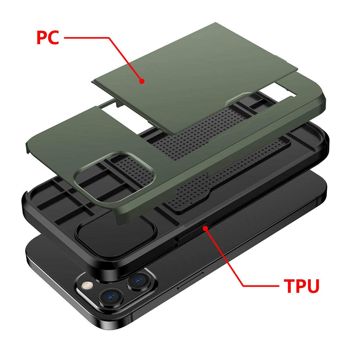 Ultra-Thin Shockproof Hard Back Silicone Case with Credit Card Holder for iPhone 12 Pro Max - Army Green | Slim Protective Cover with ID Card Slot for Everyday Use & Travel