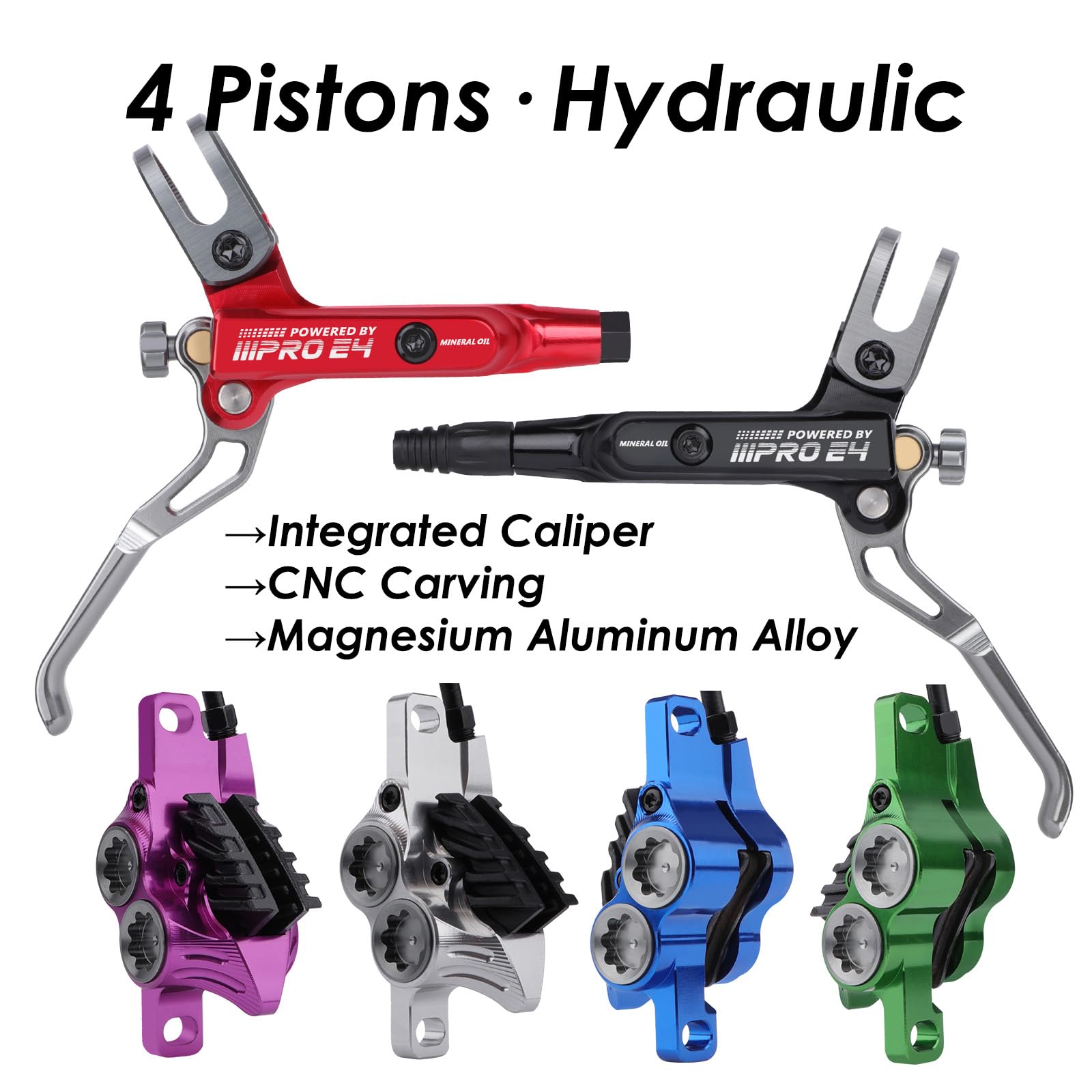 Upgraded E4 MTB 4-Piston Hydraulic Disc Brake Set with Cooling Metal Pads - Front & Rear Pre-Bled for Mountain Bike | Perfect for Downhill, Trail Riding & Off-Road Cycling