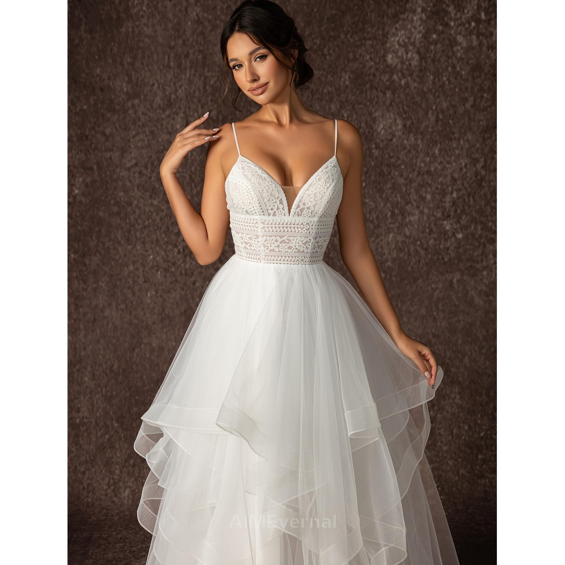 Boho Tiered Tulle Wedding Dress for Women - V Neck Adjustable Strap Slip Dress, Sexy Beach Bridal Gown for Outdoor Ceremony & Destination Weddings