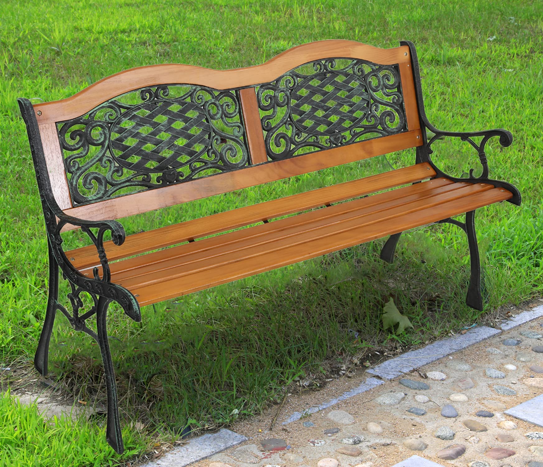 JOYBASE 50 Inch Outdoor Patio Bench - Sturdy Wood and Iron Garden Bench for Park, Porch, Backyard - Weather-Resistant Black & Natural Finish - Perfect for Outdoor Relaxation, Garden Seating and Patio Decor