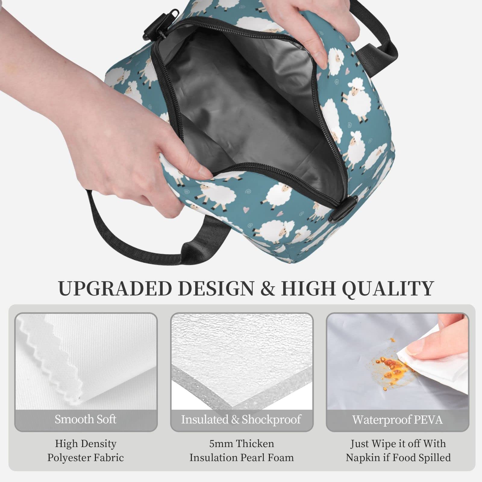 Insulated Reusable Lunch Bag with Adjustable Shoulder Strap - Cute Sheep Design for Office, School, Picnic & Travel | Eco-Friendly Food Container for Work Lunch or Outdoor Activities