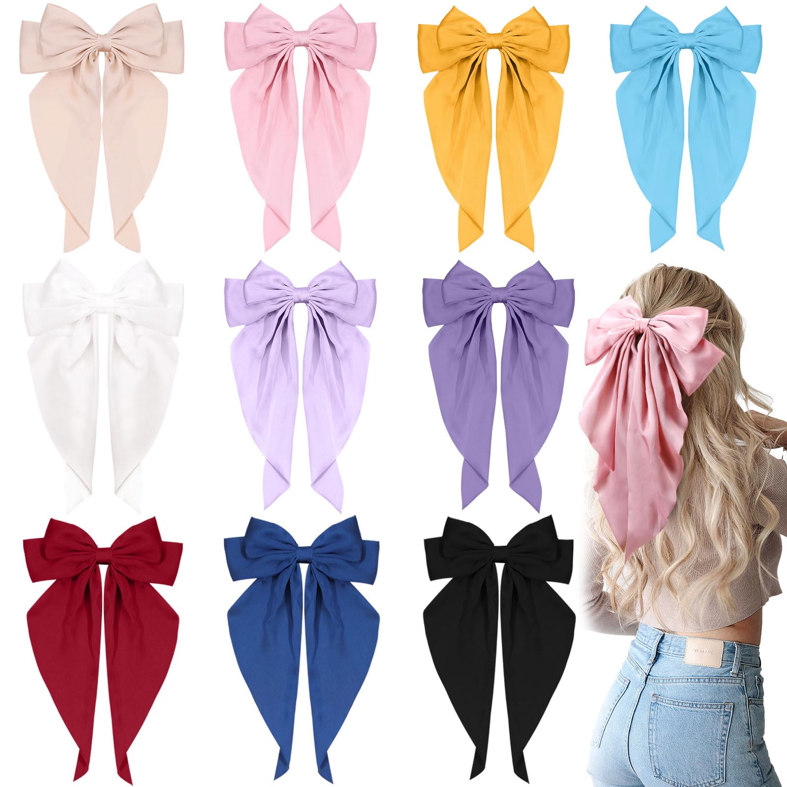 10 PCS Large Hair Ribbon Barrettes with Long Tails for Women & Girls - Vintage French Hair Accessories Bow Clips in 10 Colors (Set A) - Perfect for Weddings, Parties & Everyday Styling
