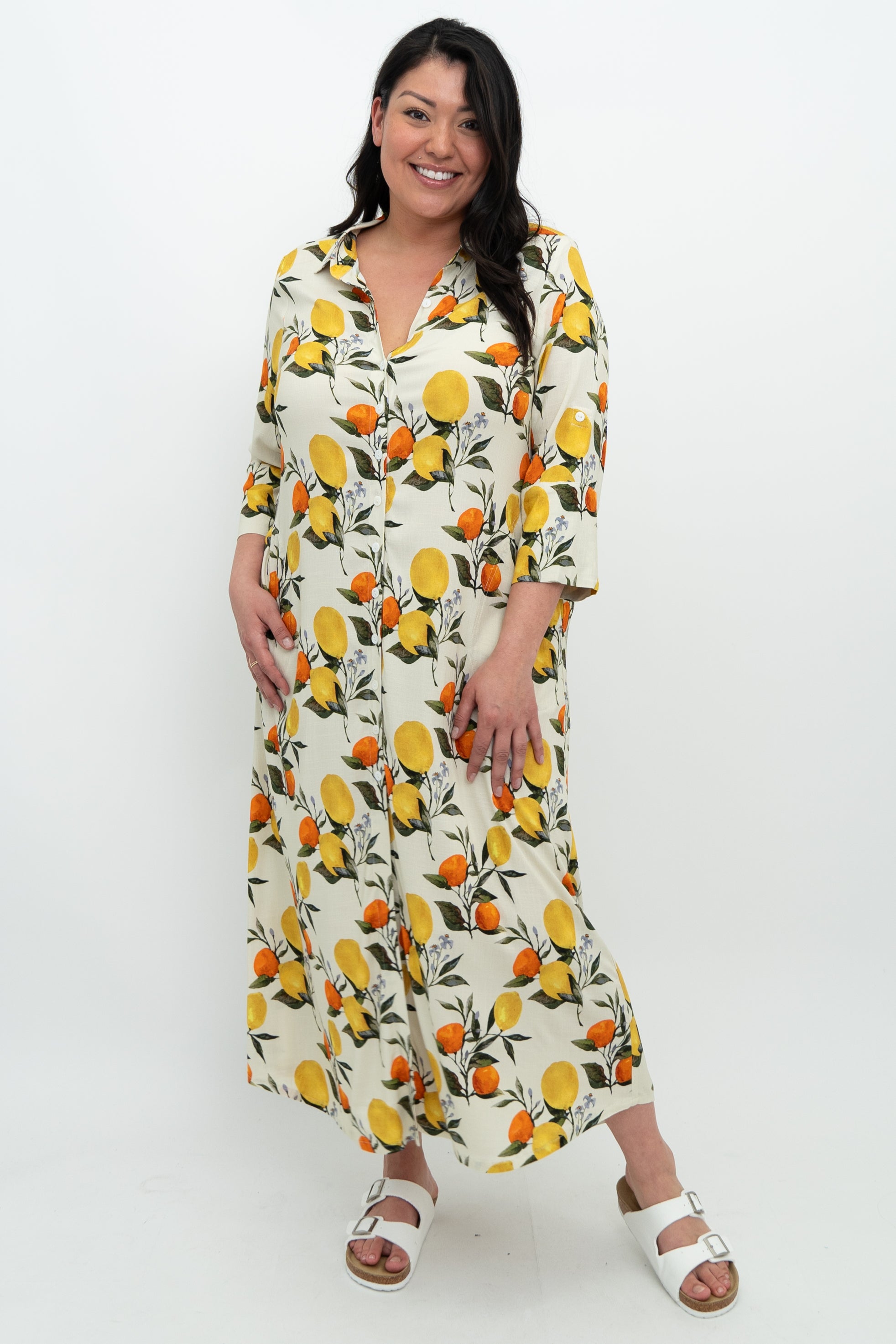 Jennifer Women's Summer Dress - Lemonade Print, Linen Bamboo Blend, Comfortable & Breathable for Beach Vacation, Garden Party & Casual Outings